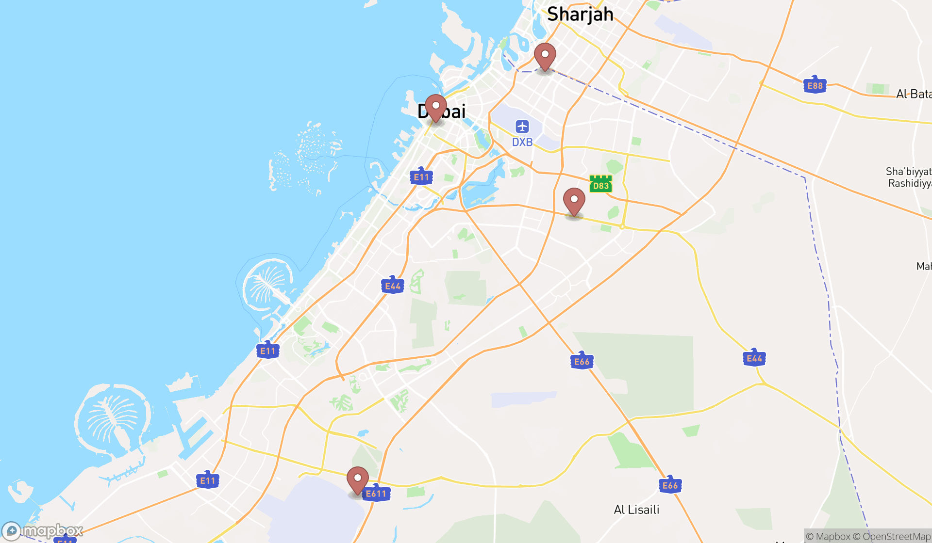 Map showing the search results in Dubai
