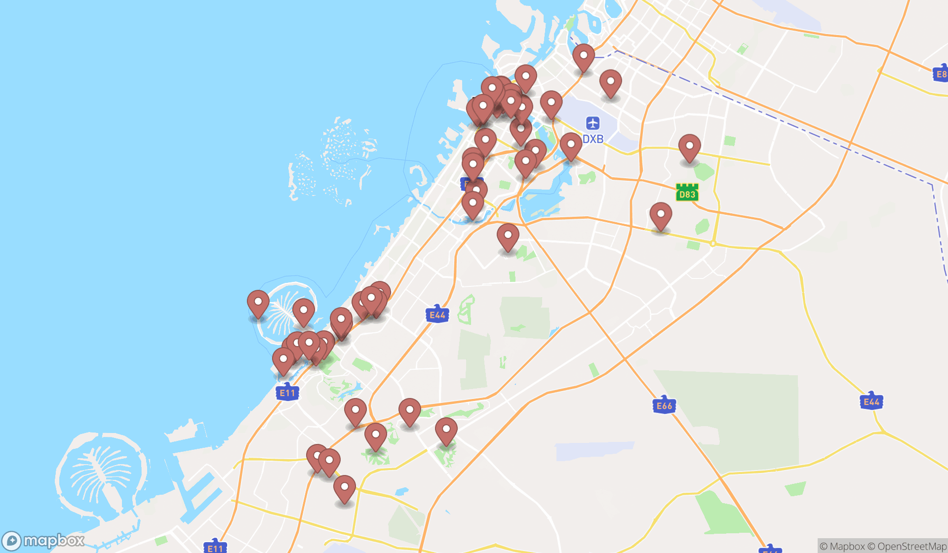 Map showing the search results in Dubai
