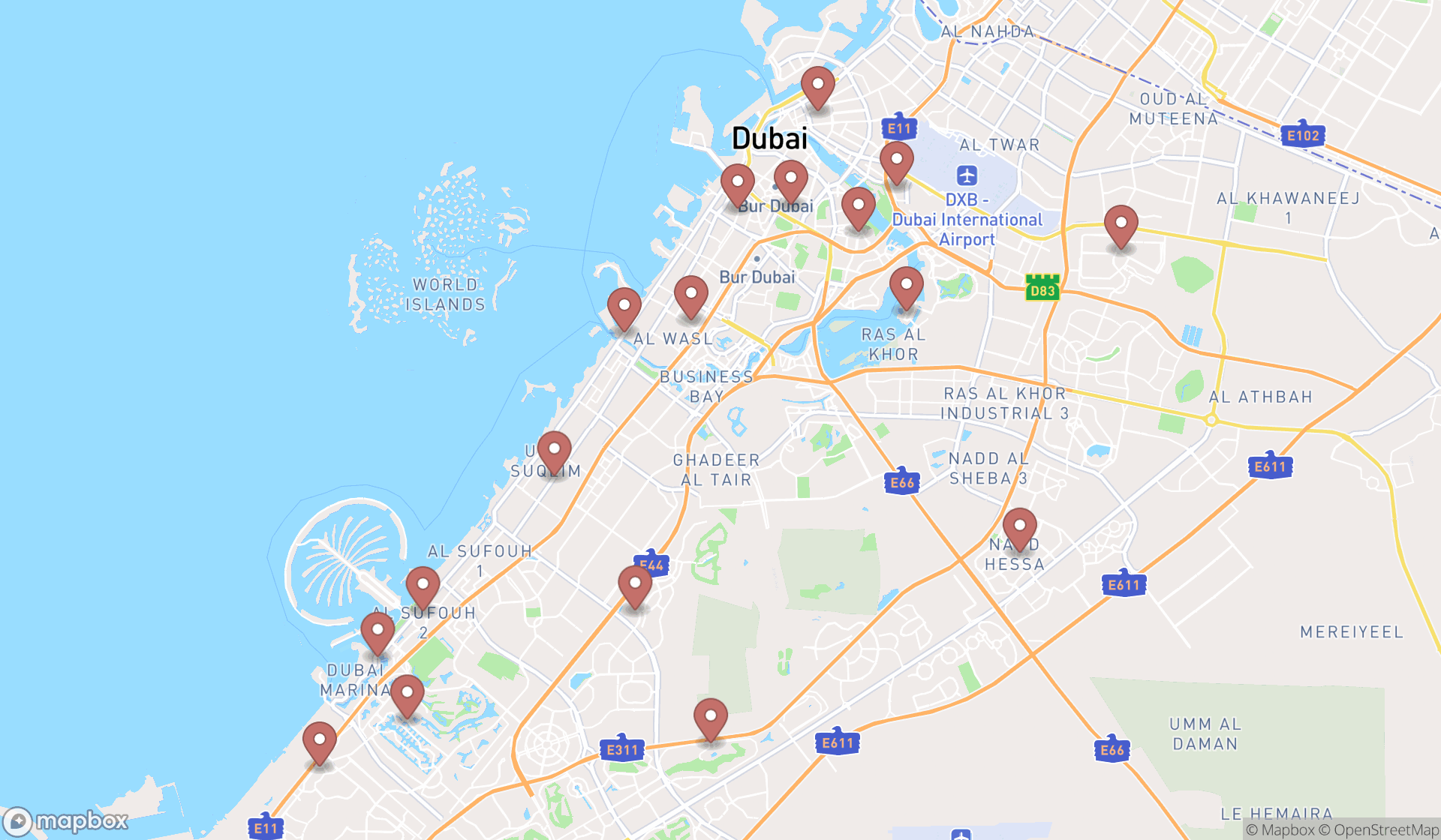 Map showing the search results in Dubai