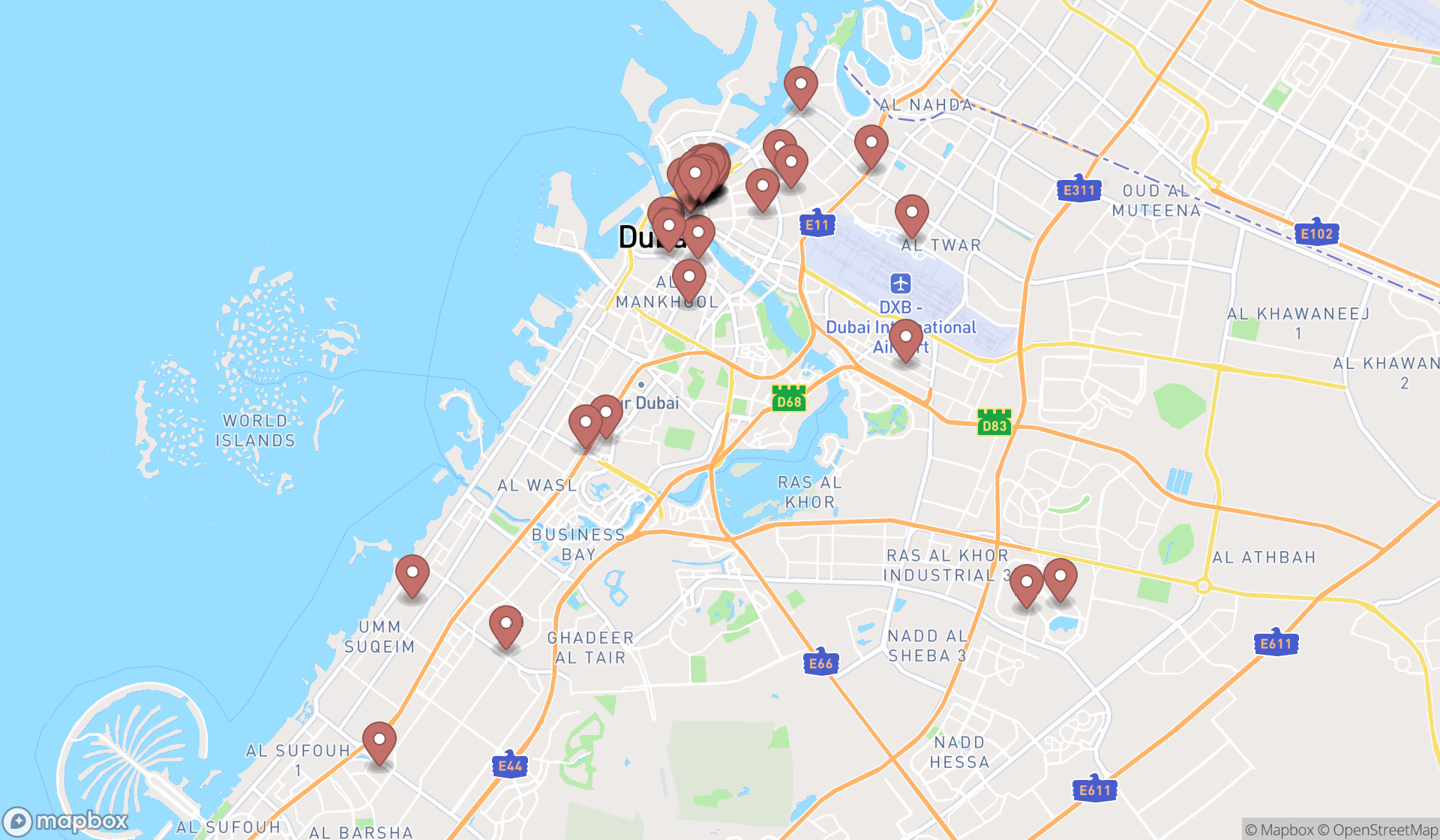 Map showing the search results in Dubai
