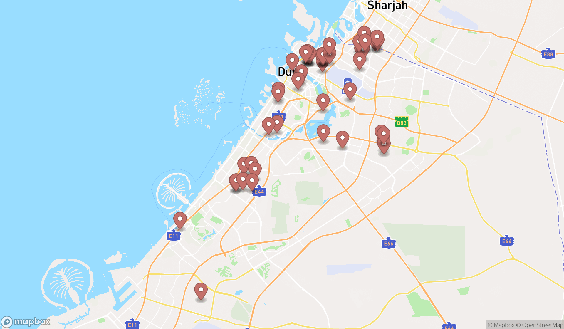 Map showing the search results in Dubai