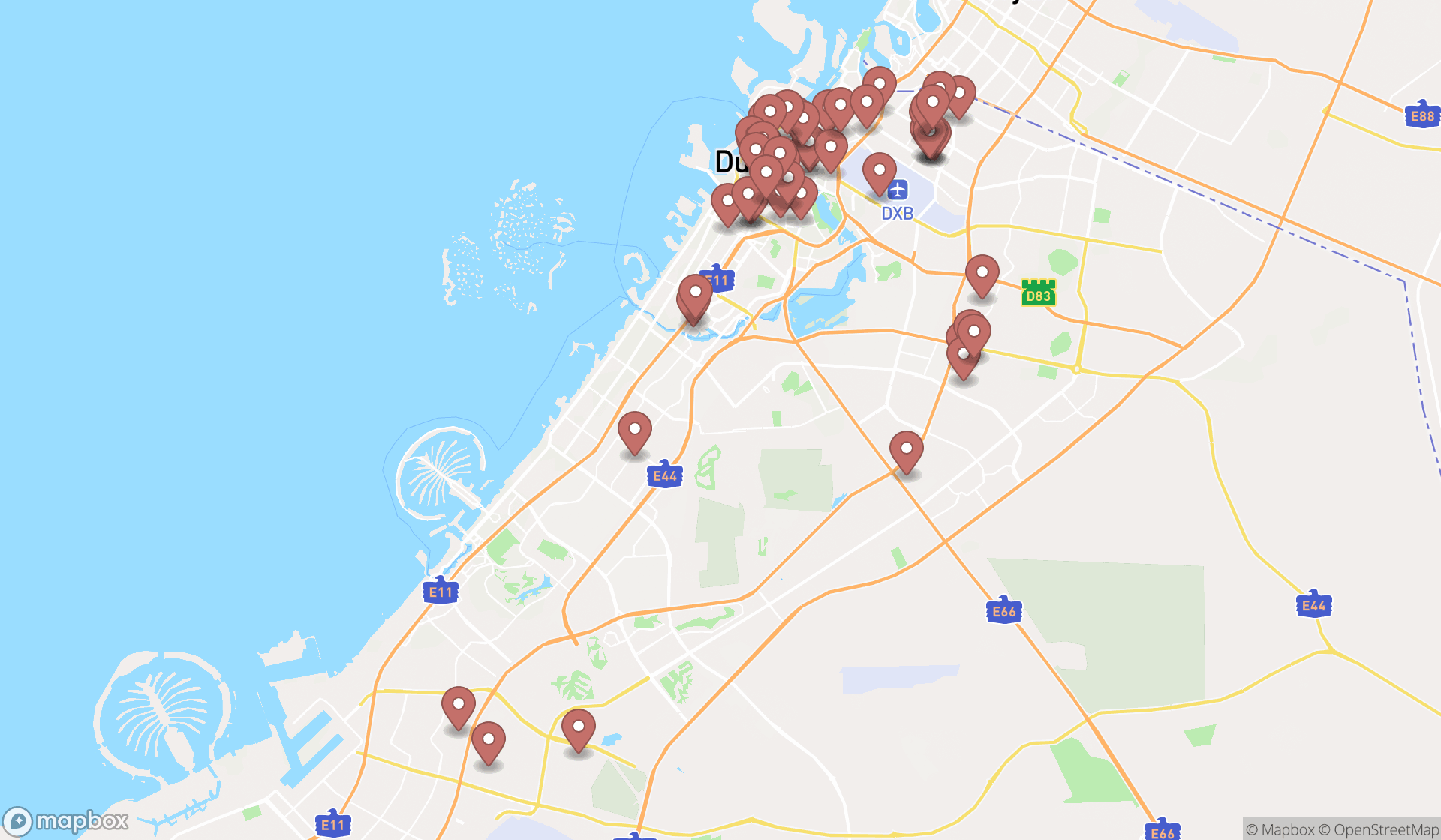 Map showing the search results in Dubai