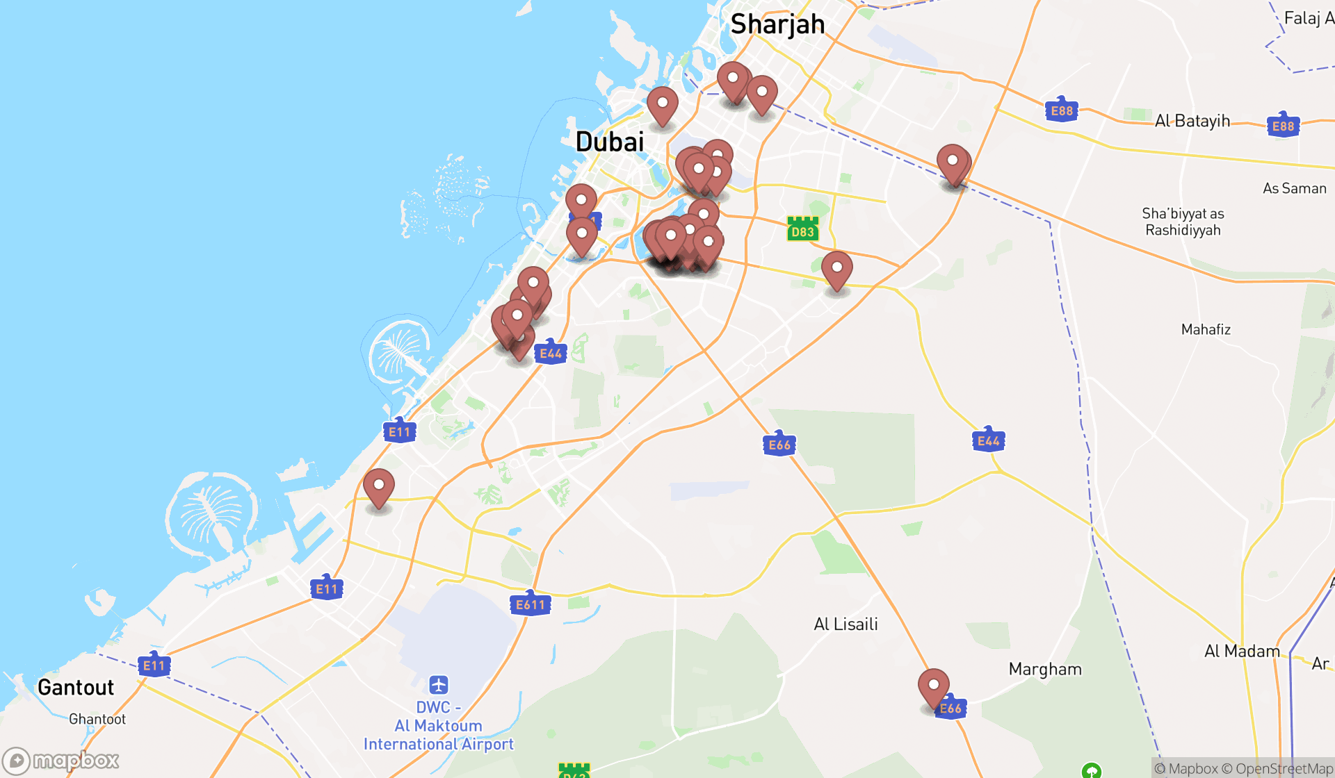 Map showing the search results in Dubai