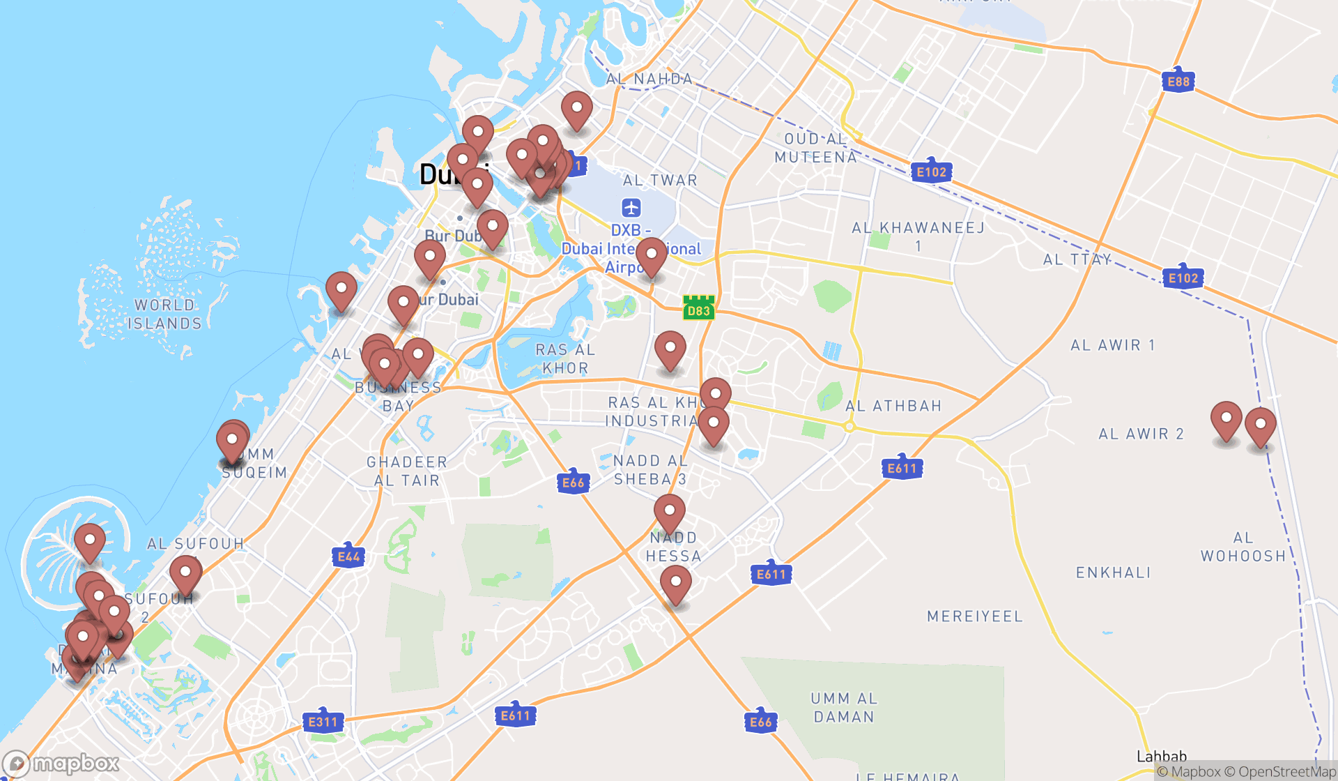 Map showing the search results in Dubai