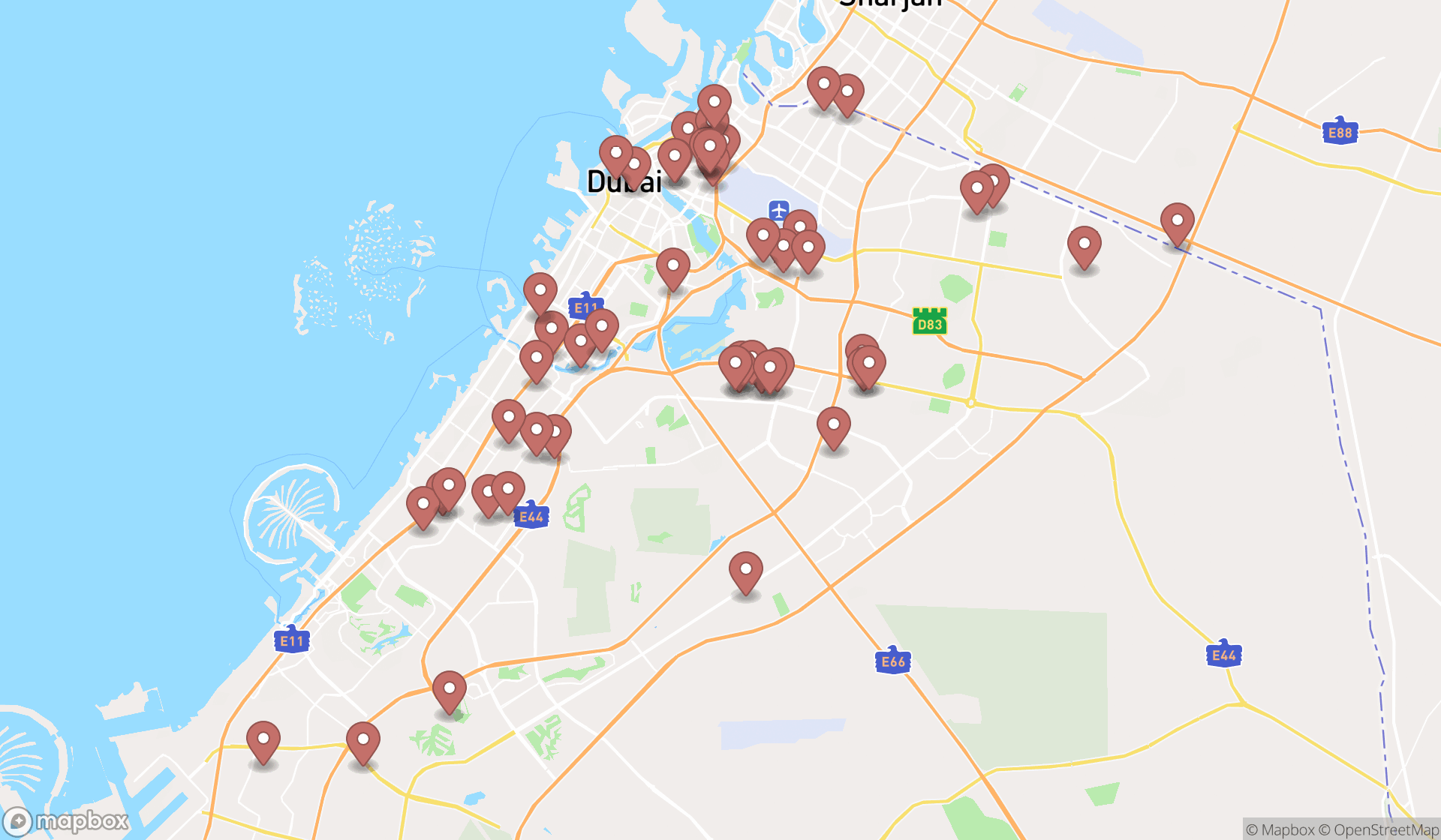 Map showing the search results in Dubai