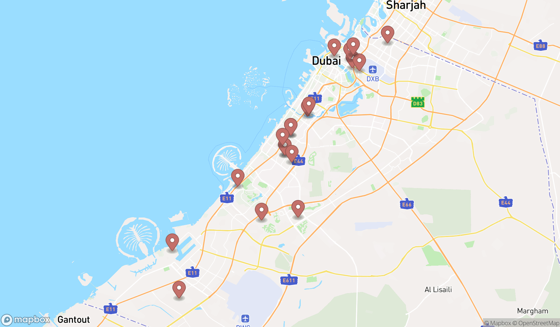 Map showing the search results in Dubai