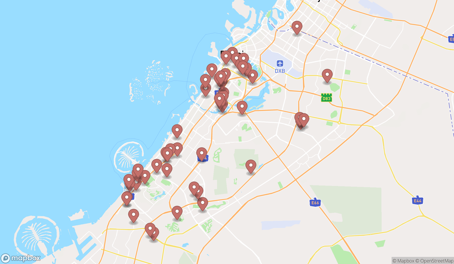 Map showing the search results in Dubai