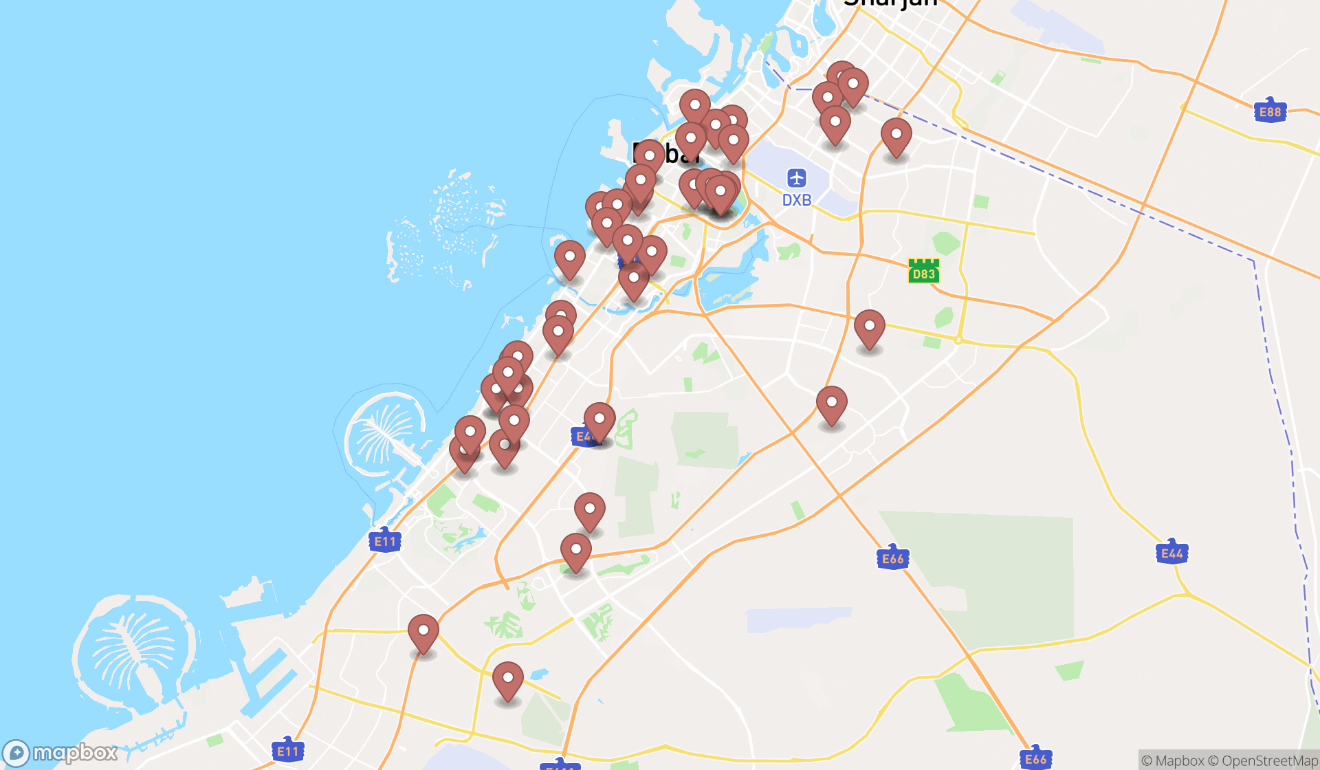 Map showing the search results in Dubai