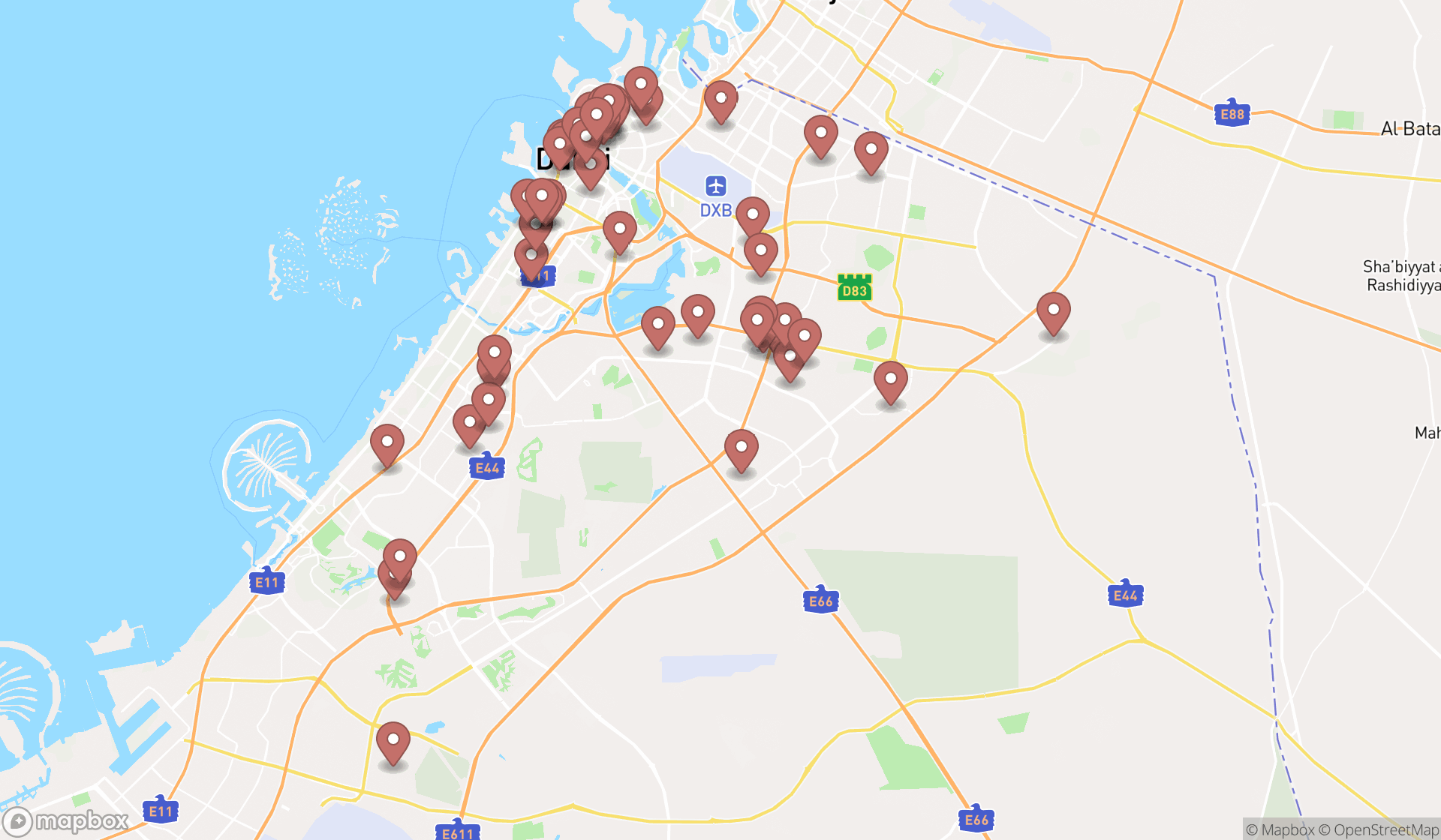 Map showing the search results in Dubai