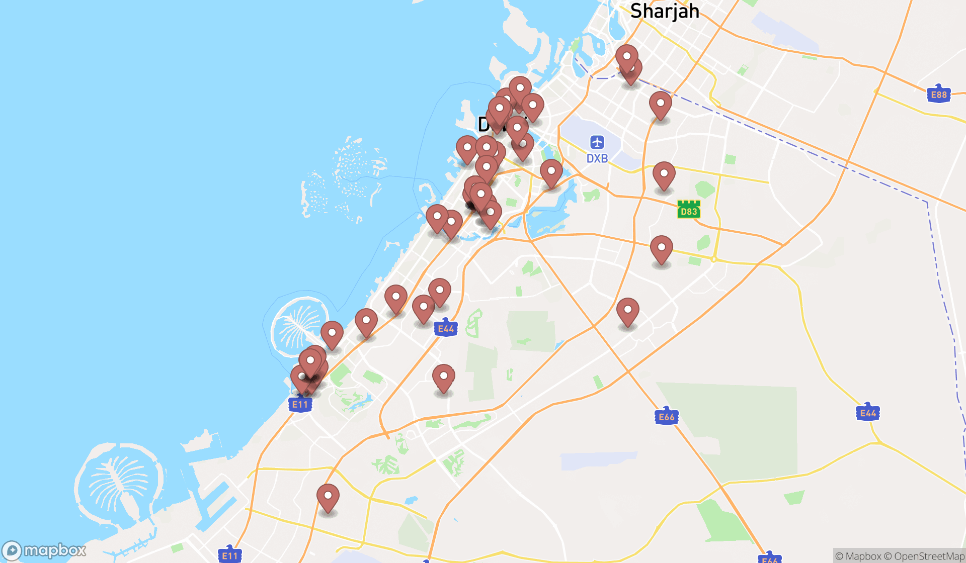 Map showing the search results in Dubai