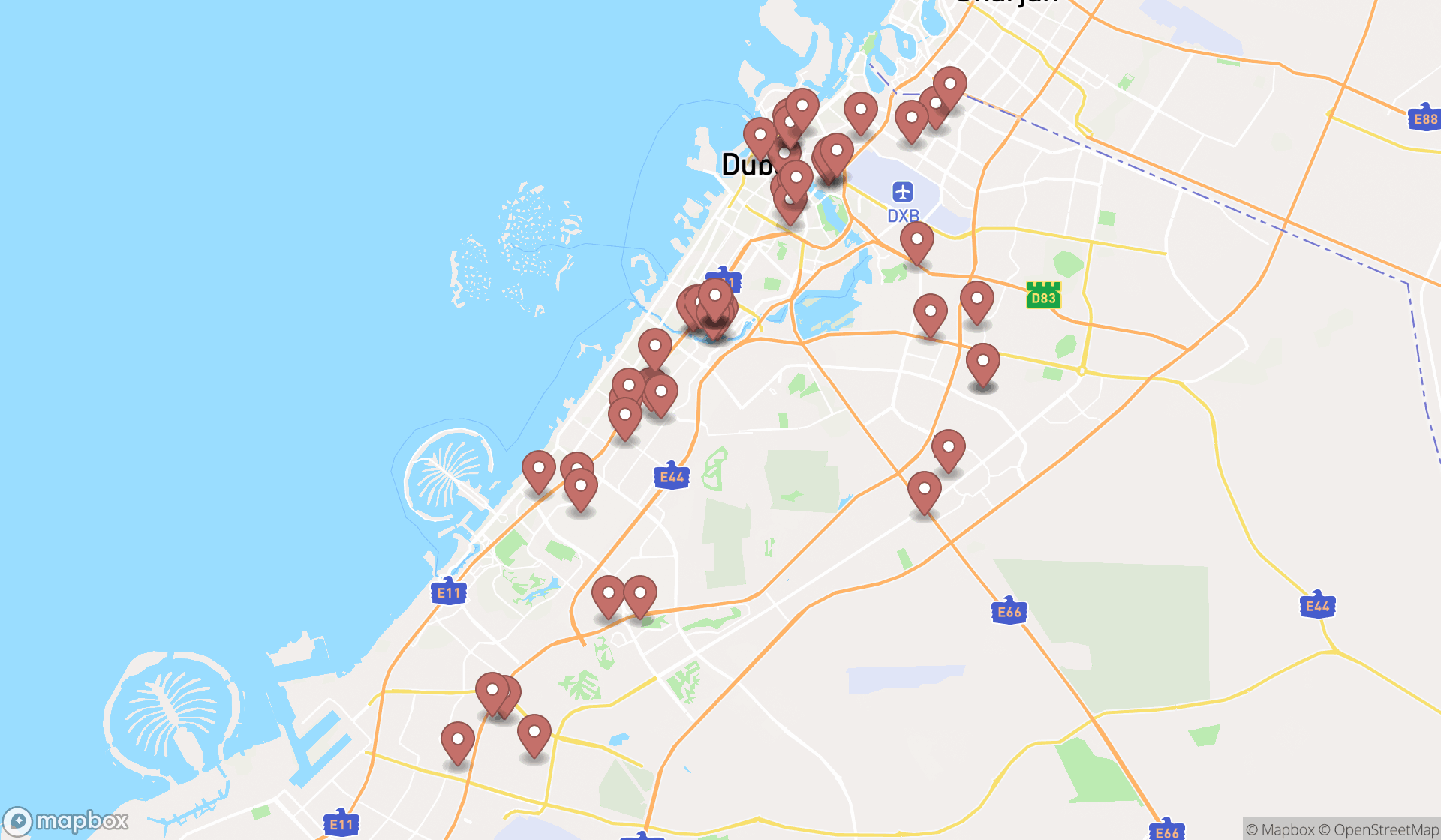 Map showing the search results in Dubai