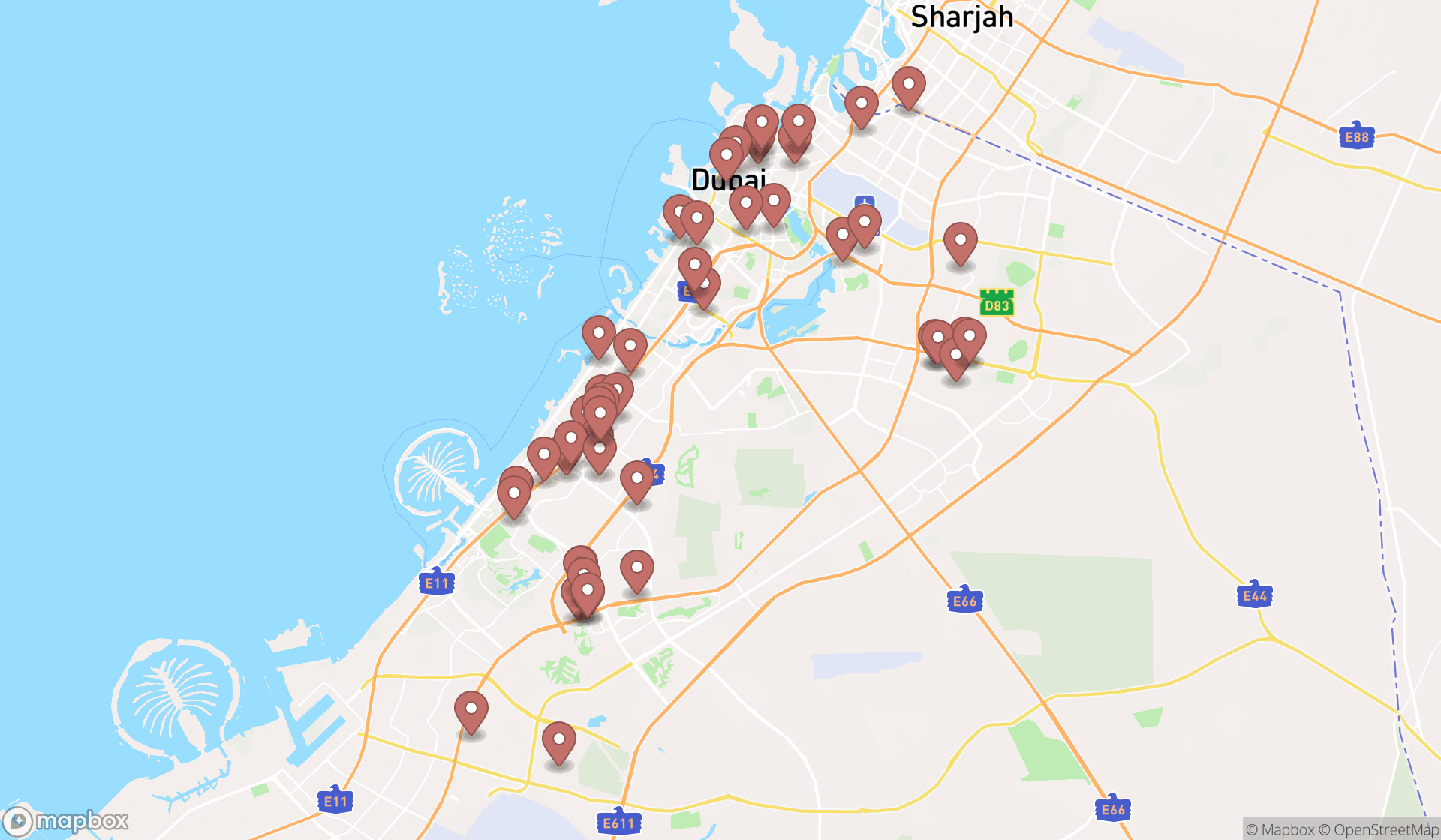 Map showing the search results in Dubai