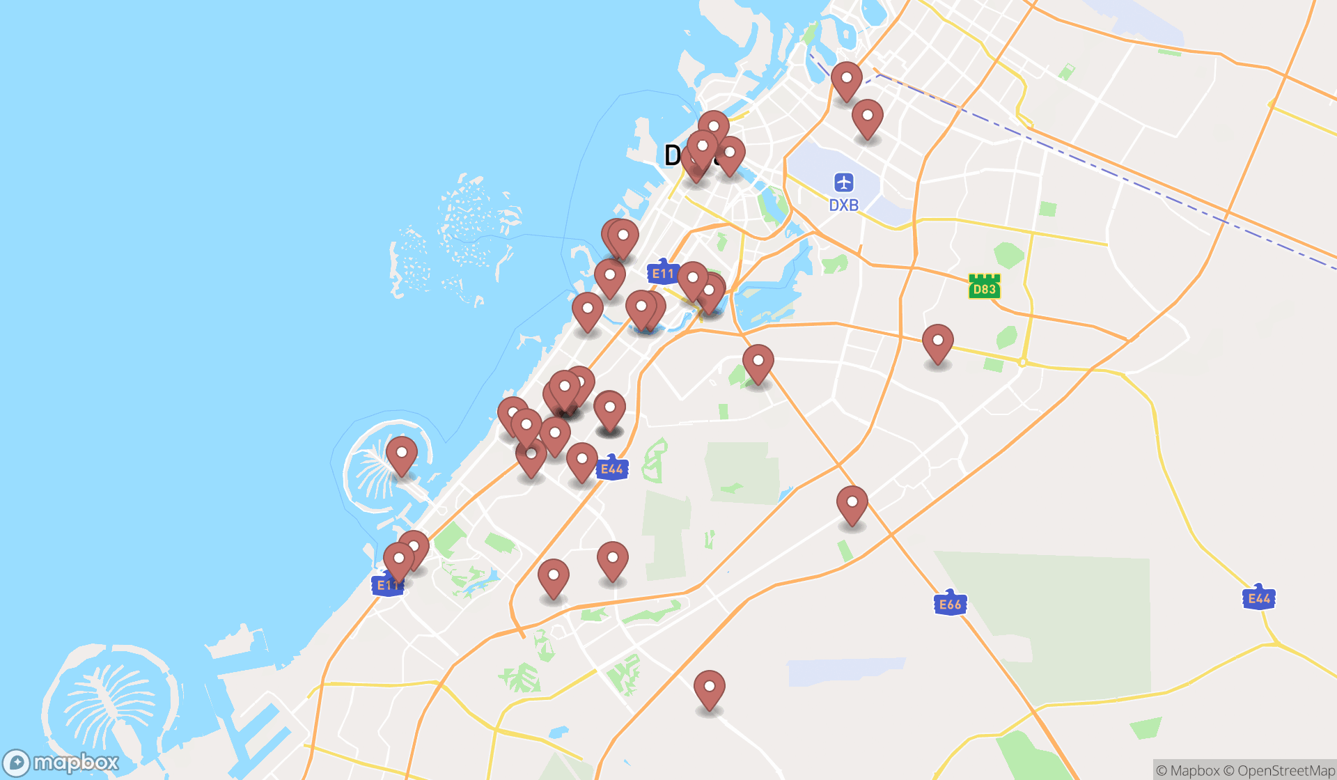 Map showing the search results in Dubai