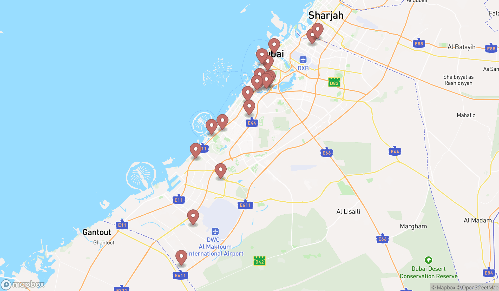 Map showing the search results in Dubai