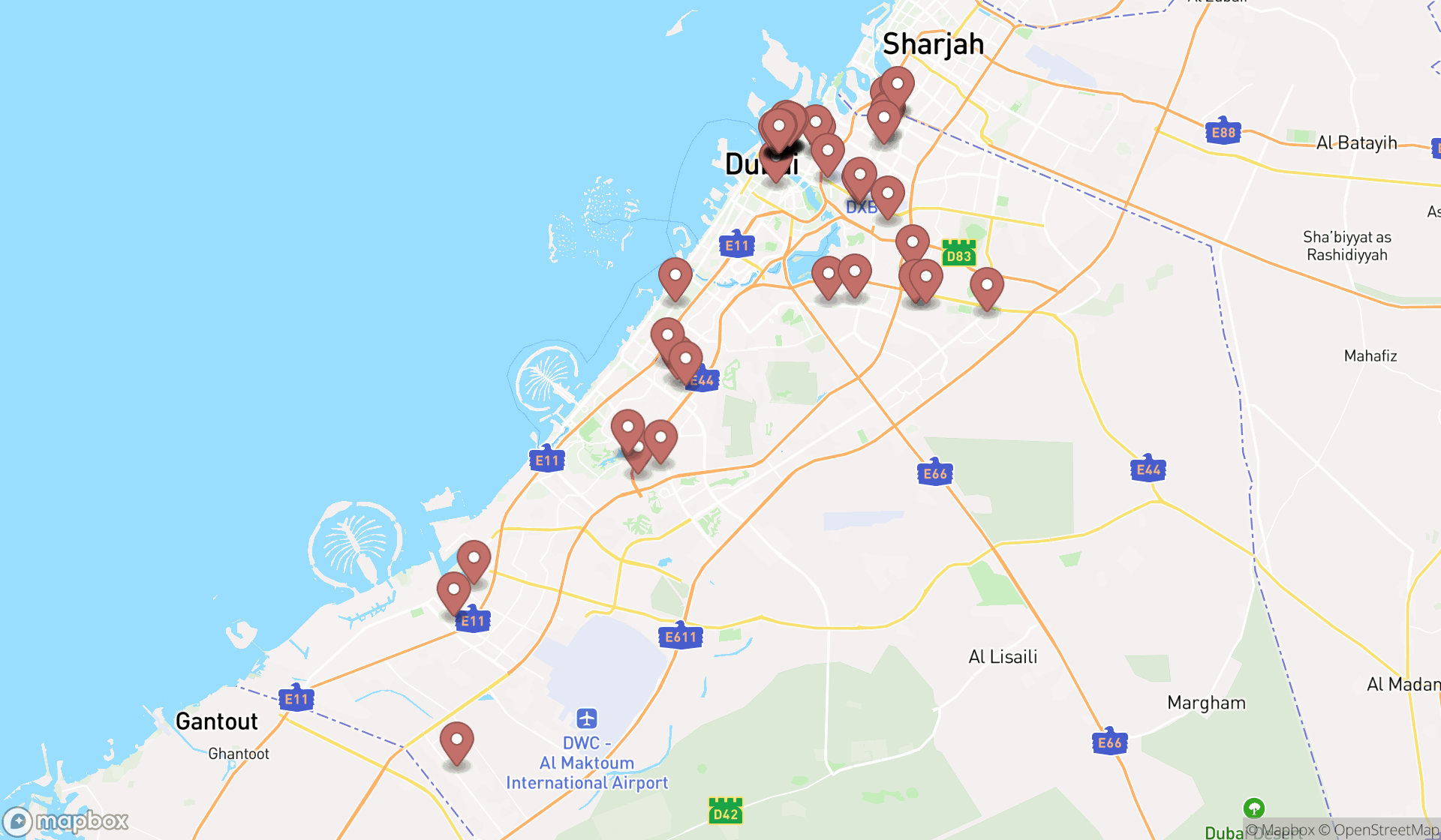 Map showing the search results in Dubai