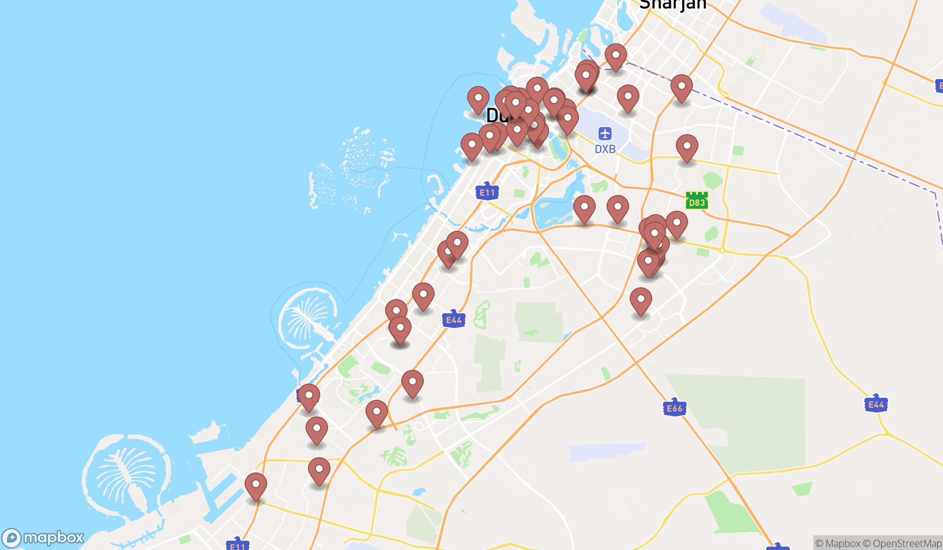 Map showing the search results in Dubai