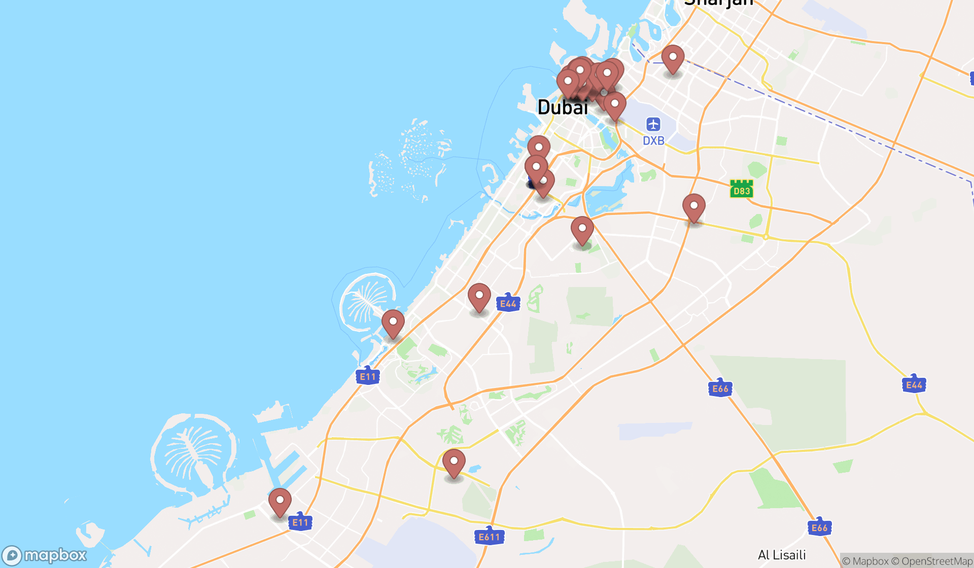 Map showing the search results in Dubai