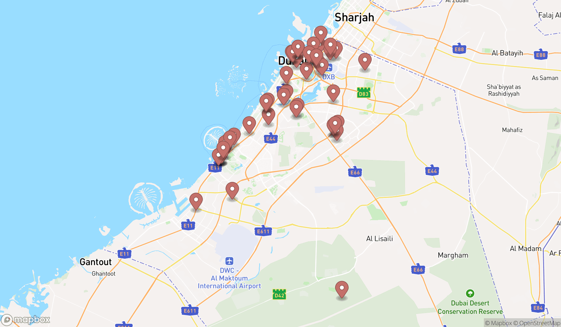 Map showing the search results in Dubai