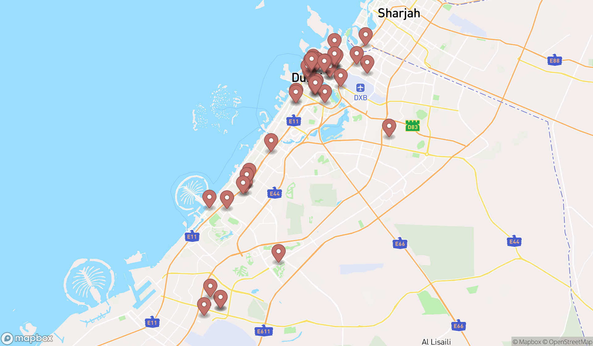 Map showing the search results in Dubai