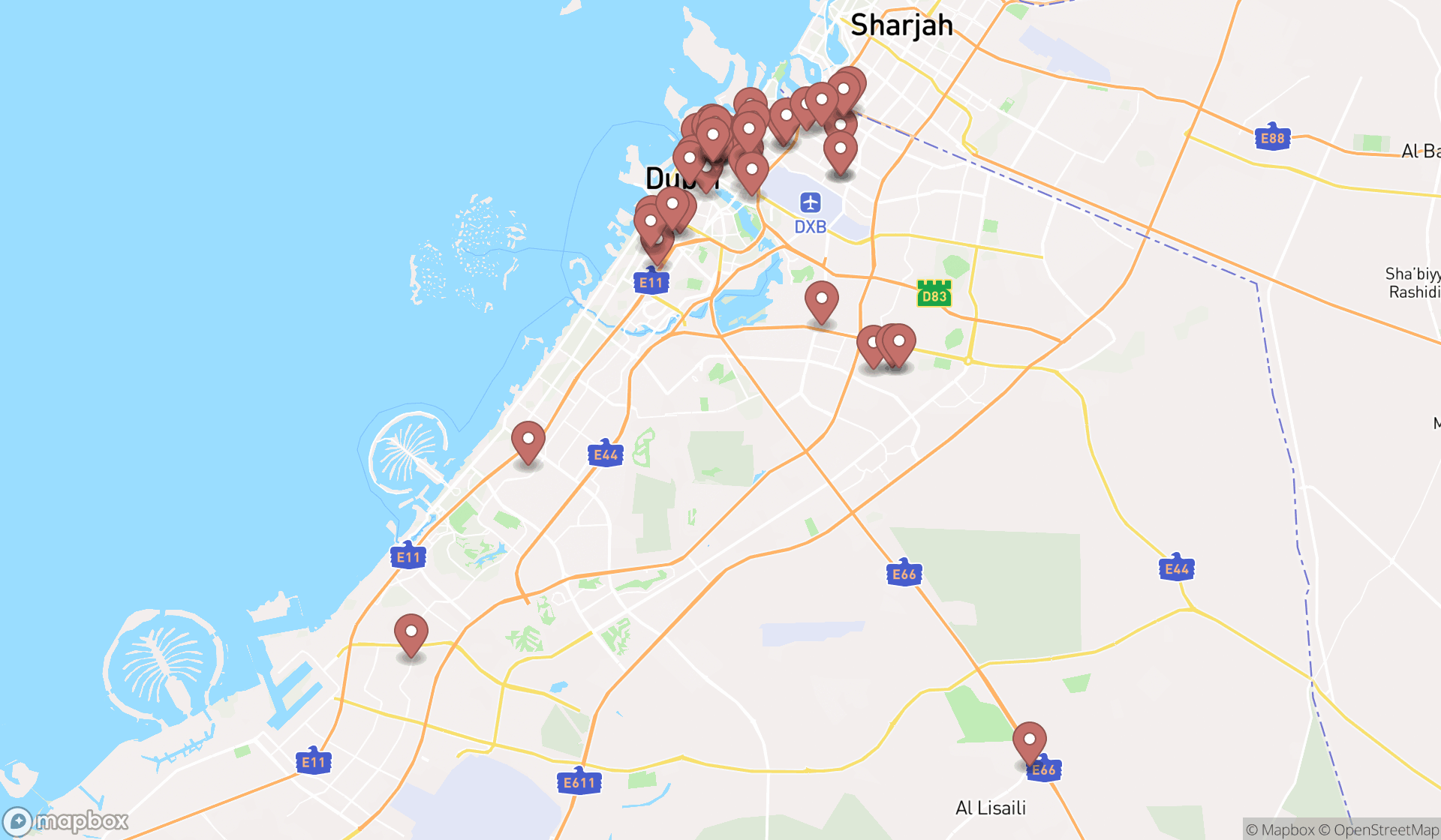Map showing the search results in Dubai