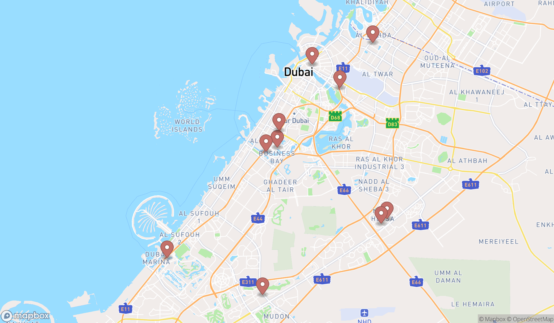 Map showing the search results in Dubai