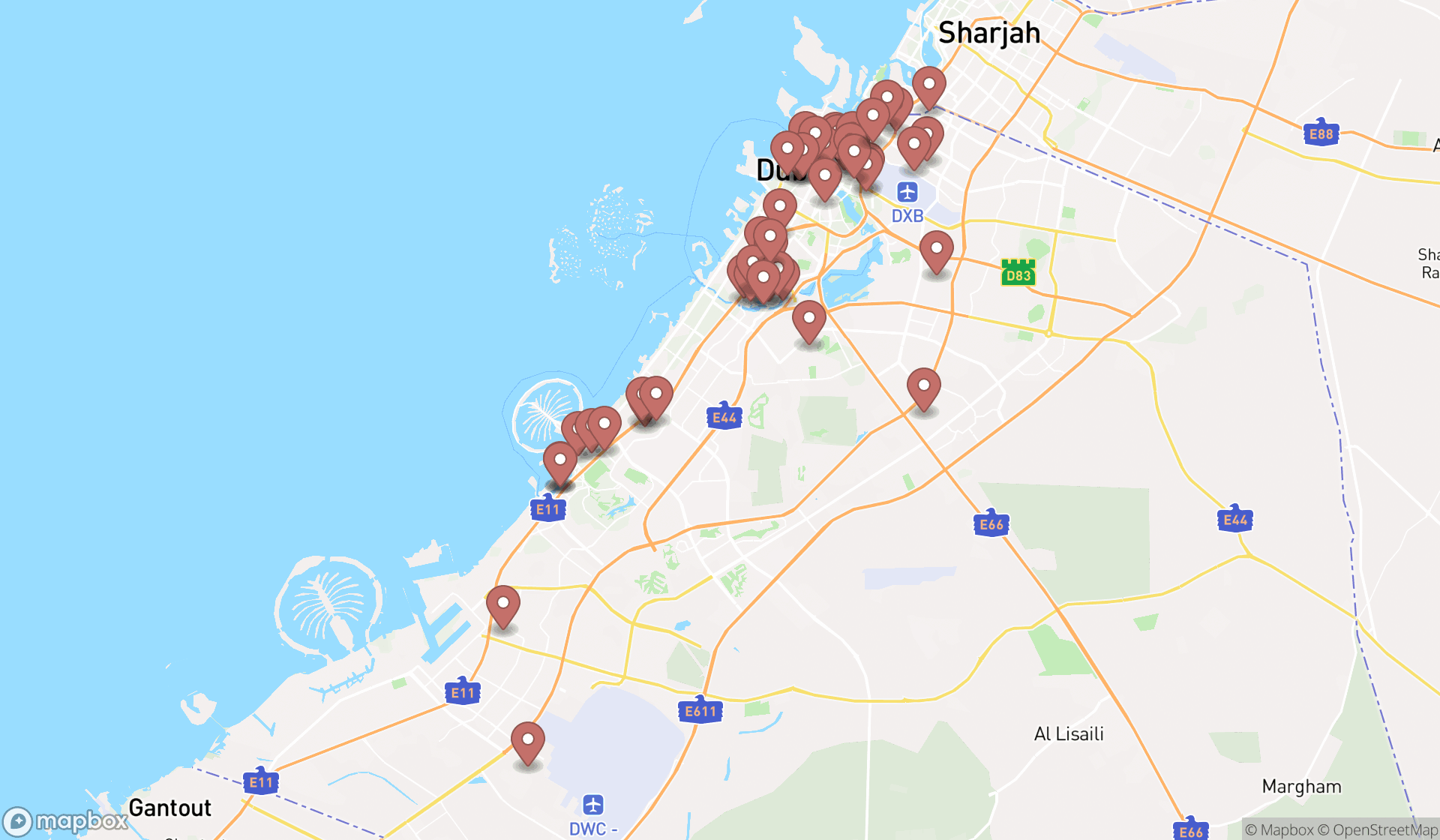 Map showing the search results in Dubai