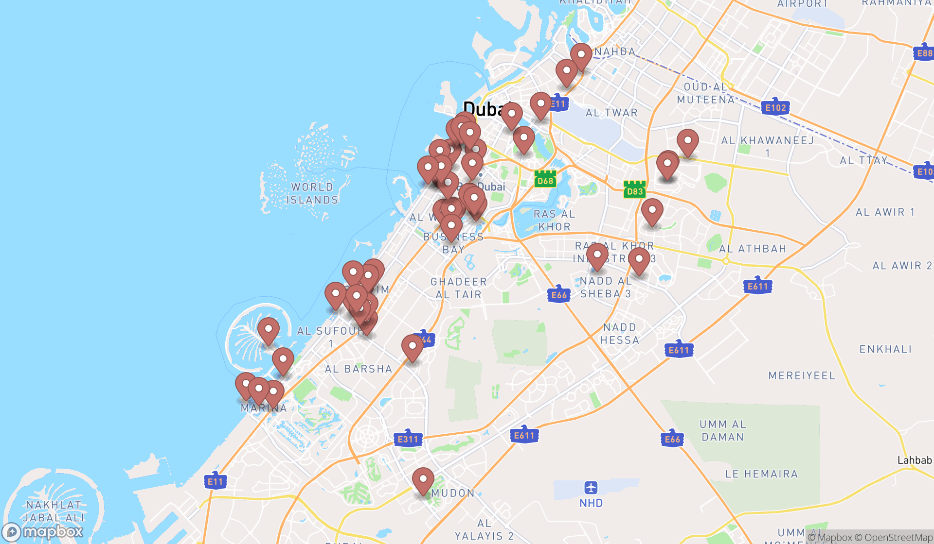 Map showing the search results in Dubai