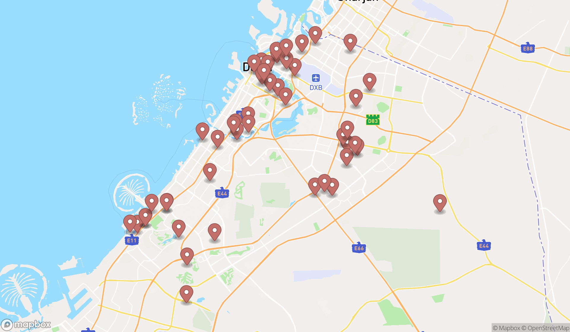 Map showing the search results in Dubai
