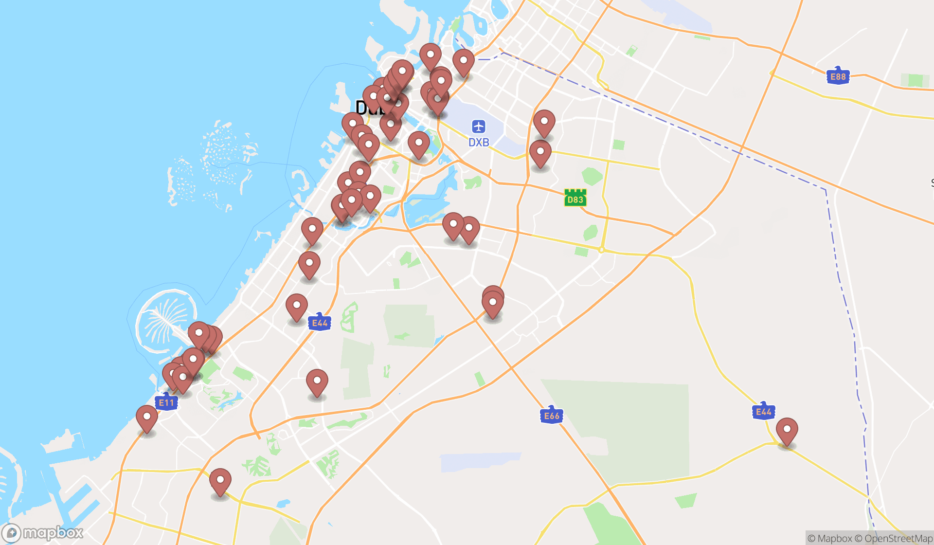 Map showing the search results in Dubai