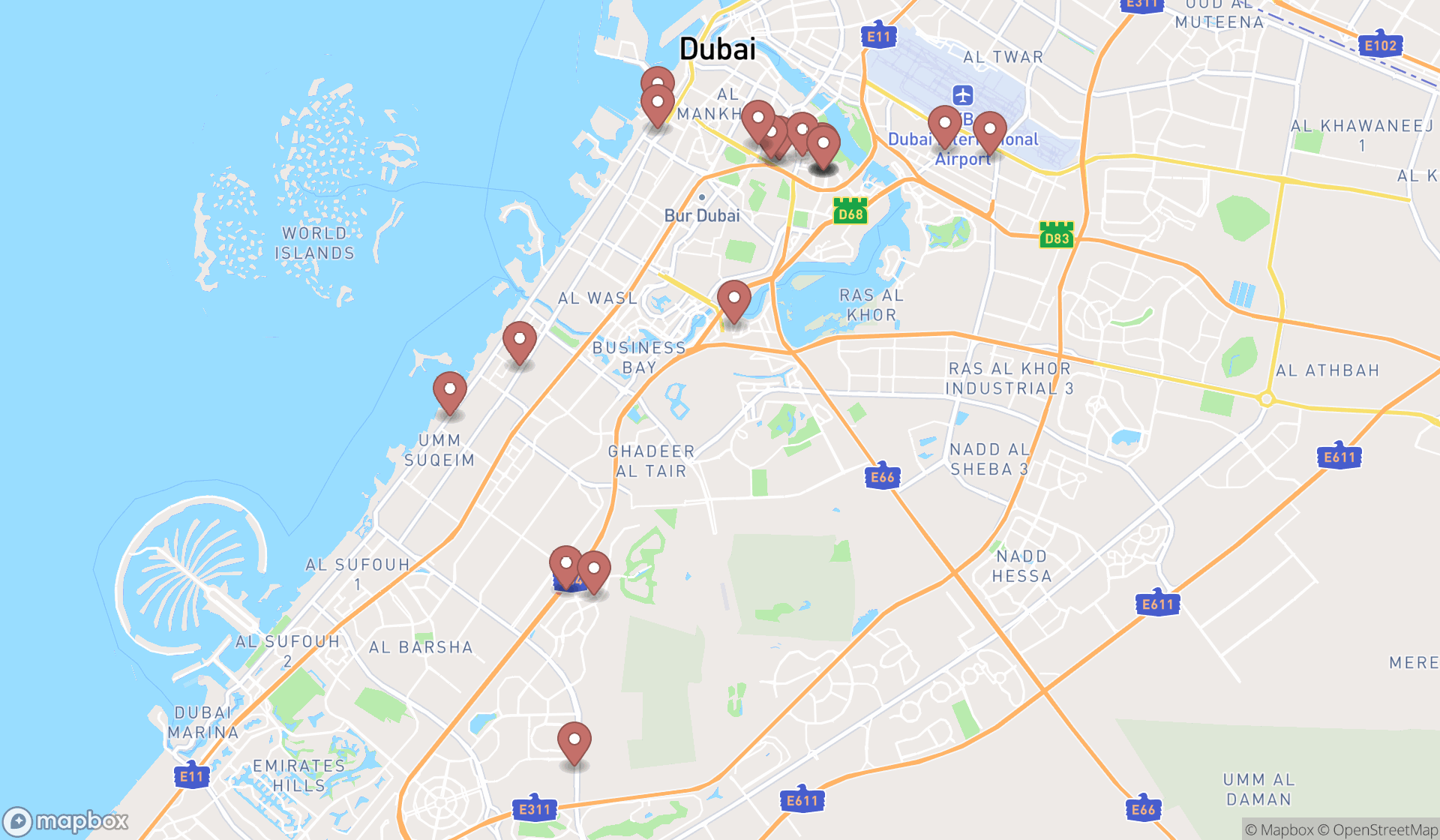 Map showing the search results in Dubai