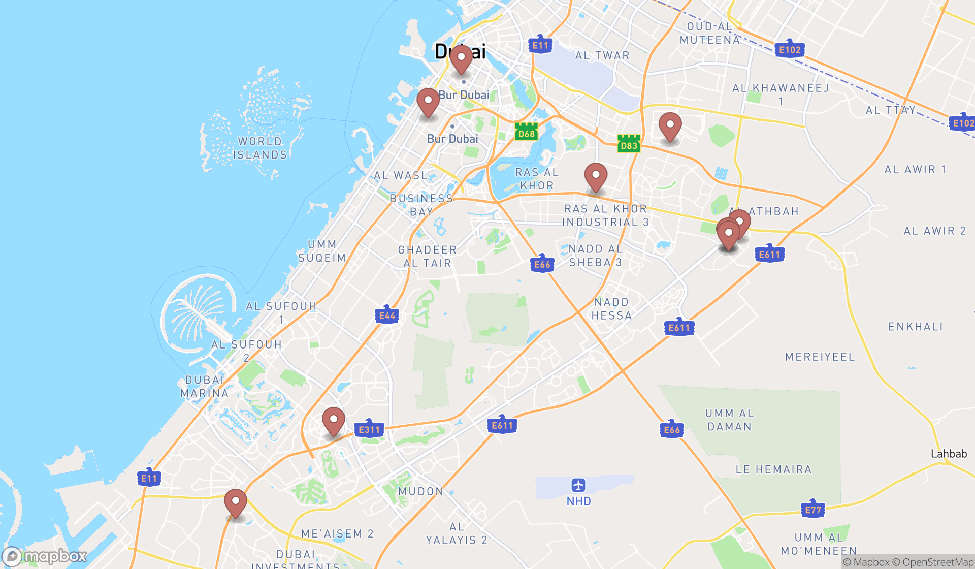 Map showing the search results in Dubai