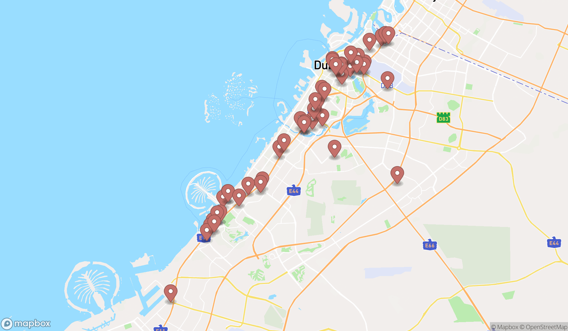 Map showing the search results in Dubai