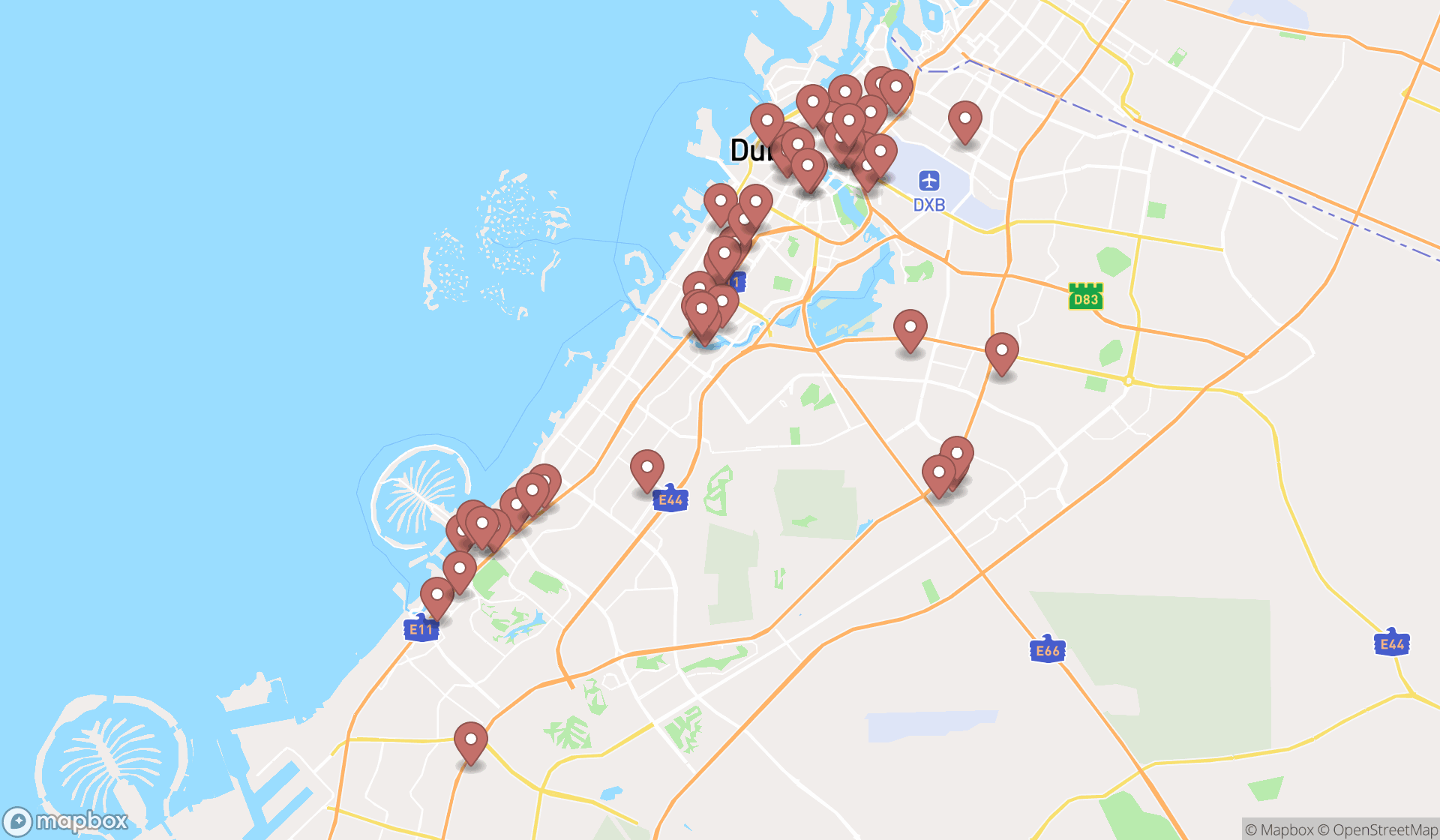 Map showing the search results in Dubai