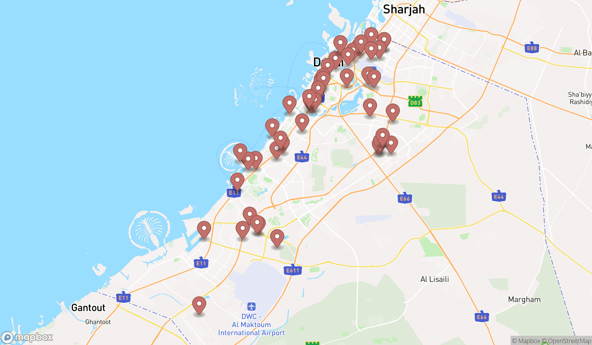 Map showing the search results in Dubai