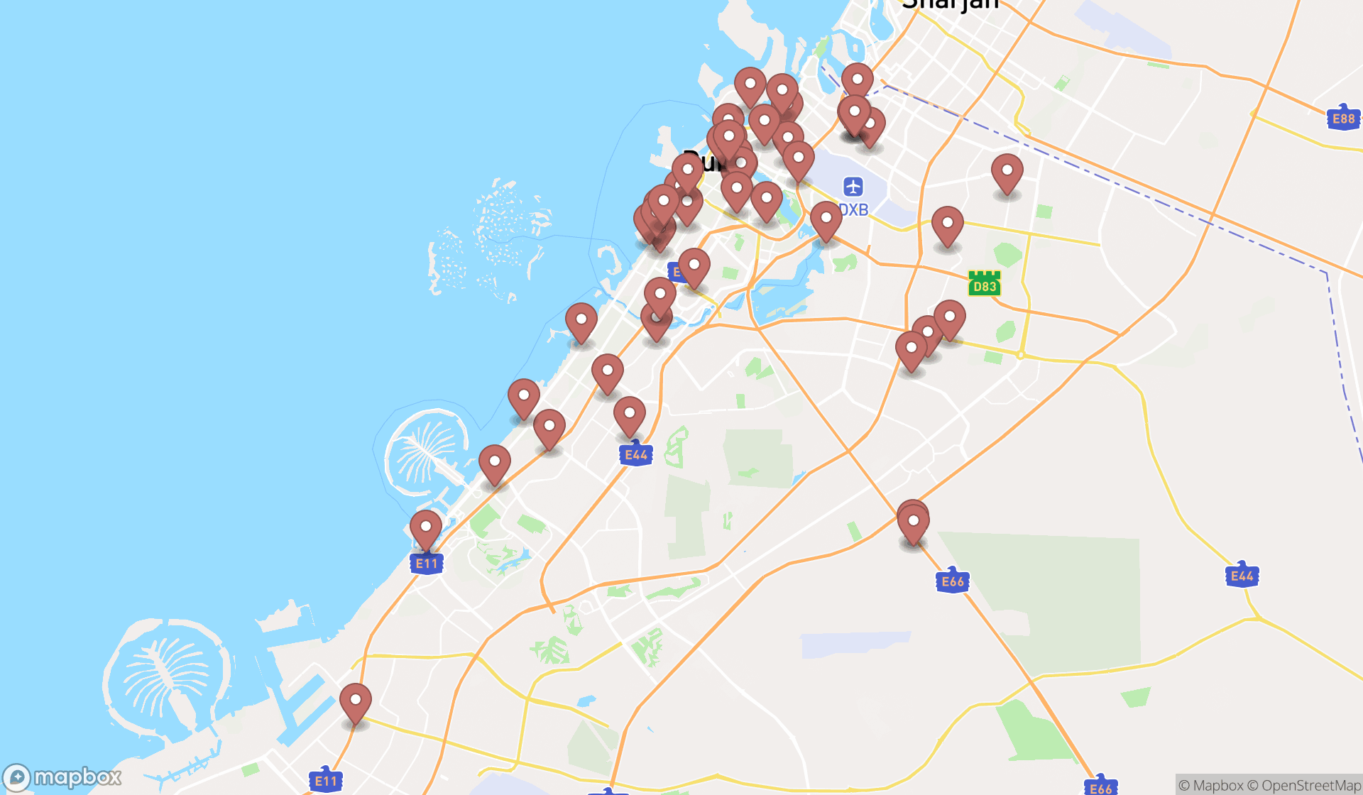 Map showing the search results in Dubai