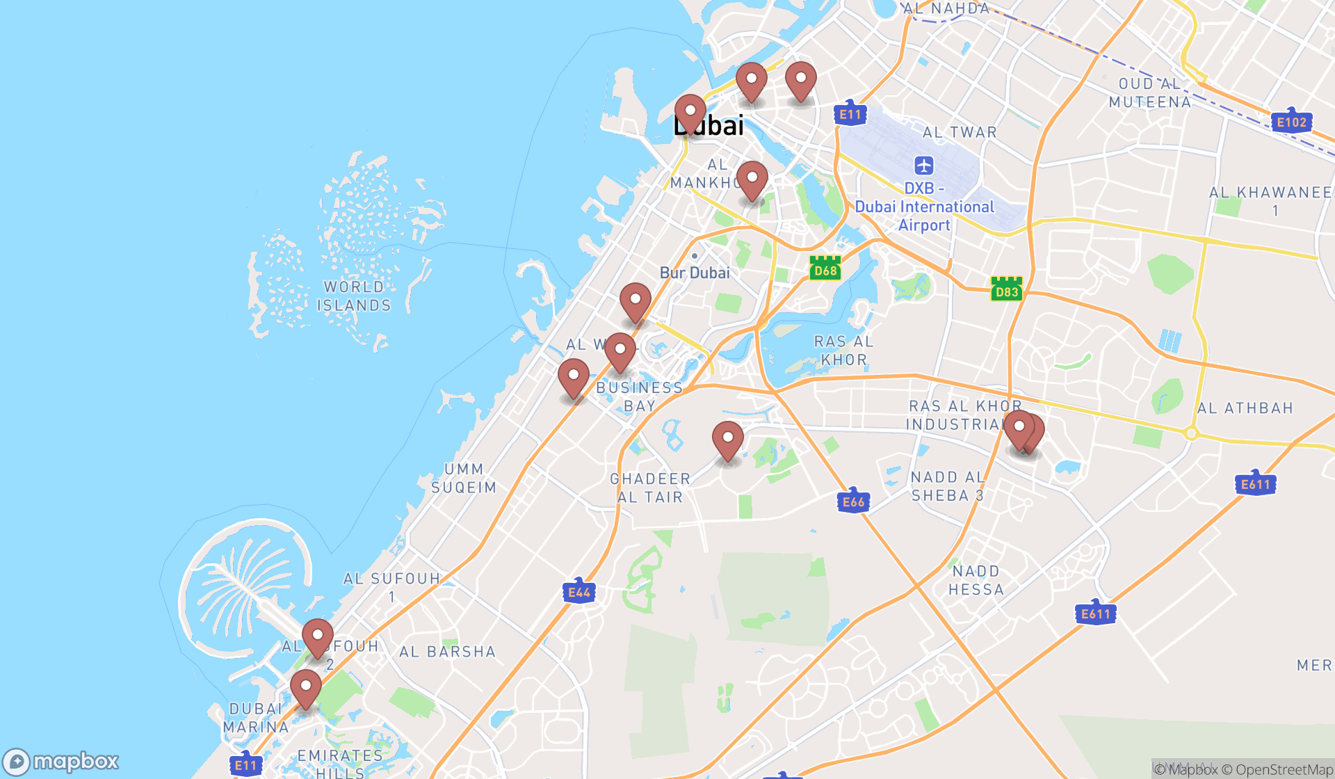 Map showing the search results in Dubai