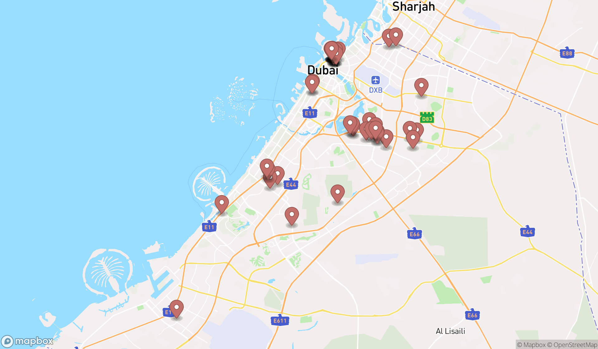 Map showing the search results in Dubai