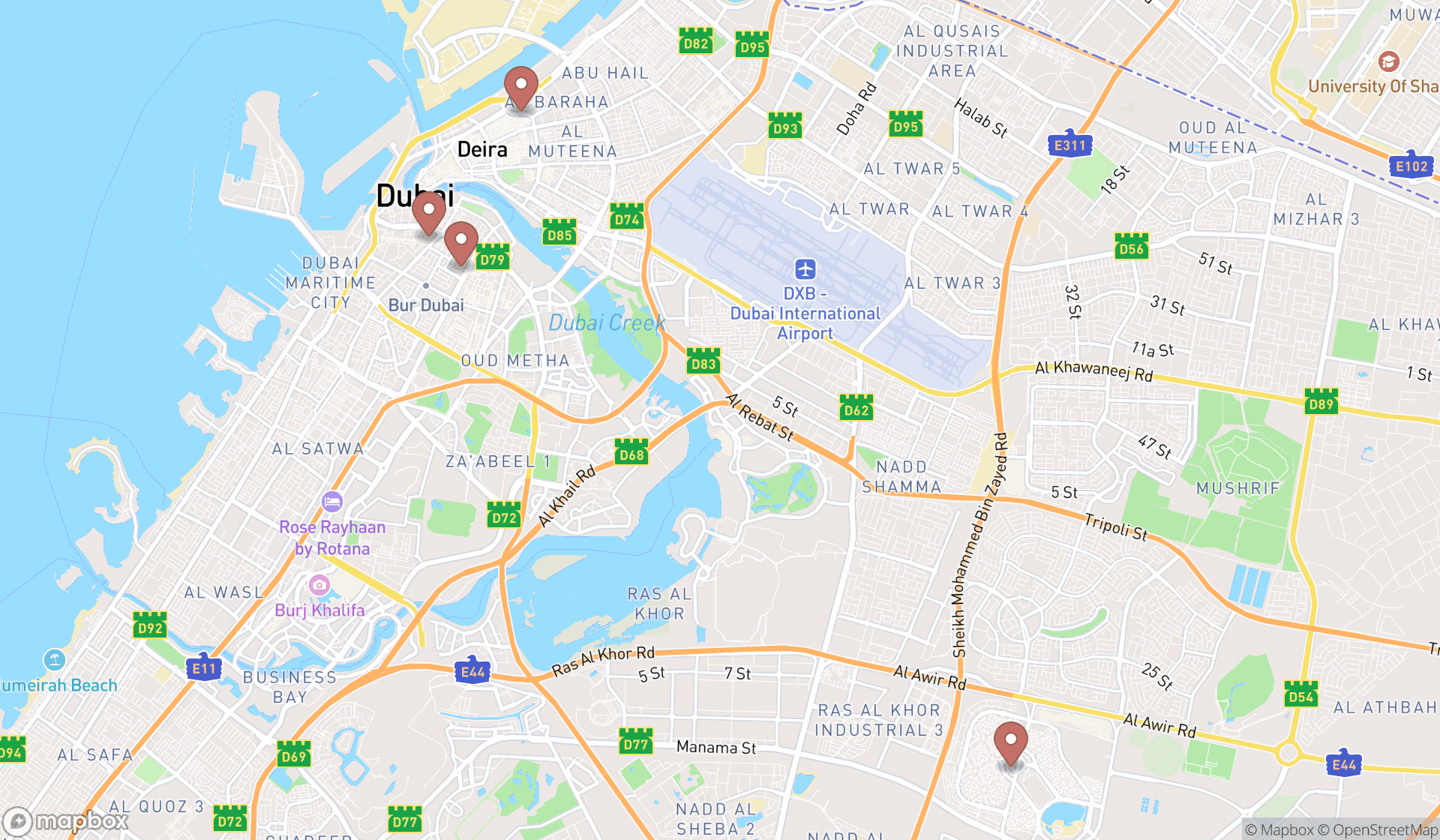 Map showing the search results in Dubai