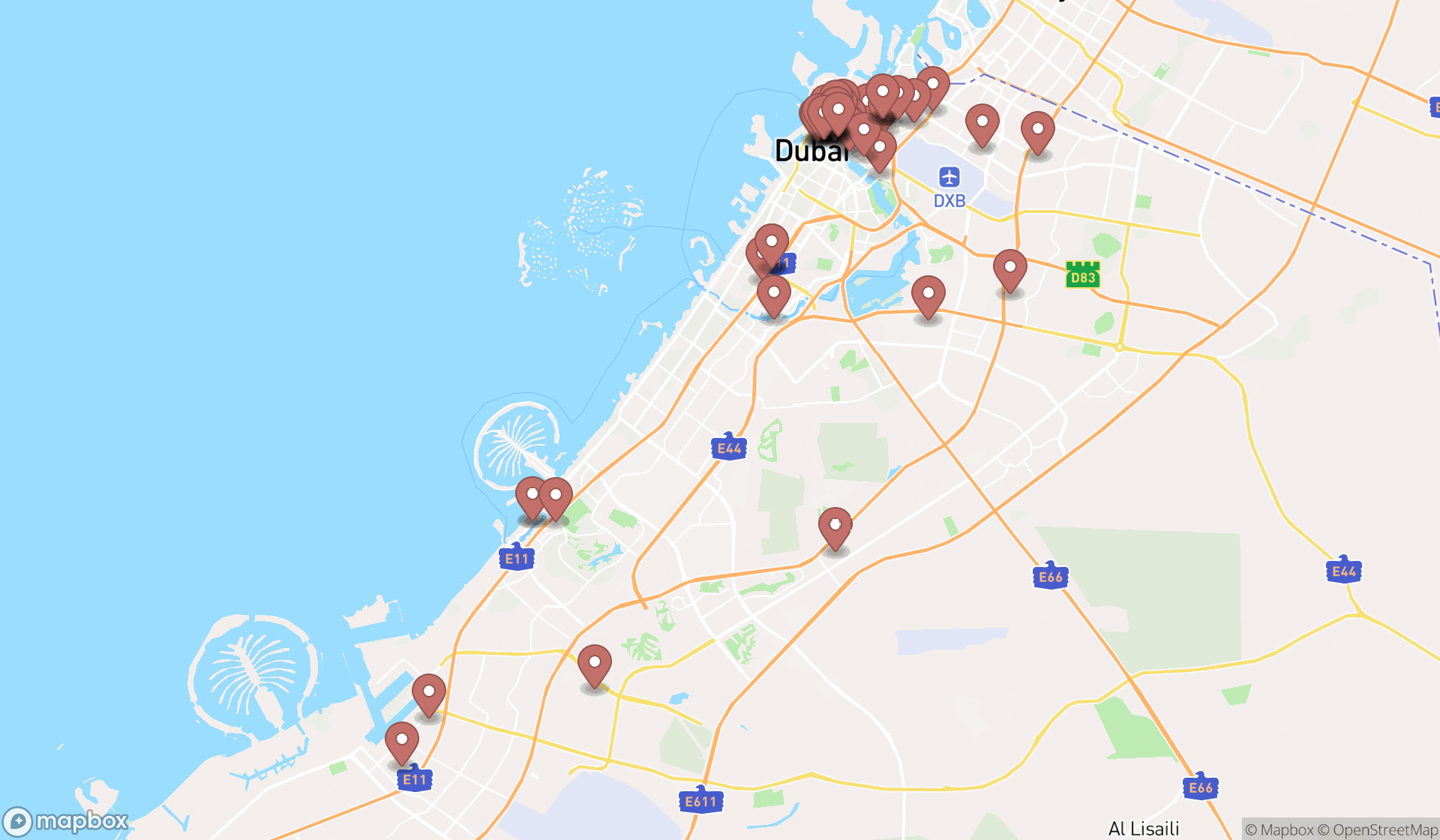Map showing the search results in Dubai