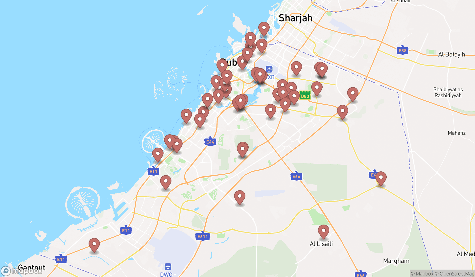 Map showing the search results in Dubai