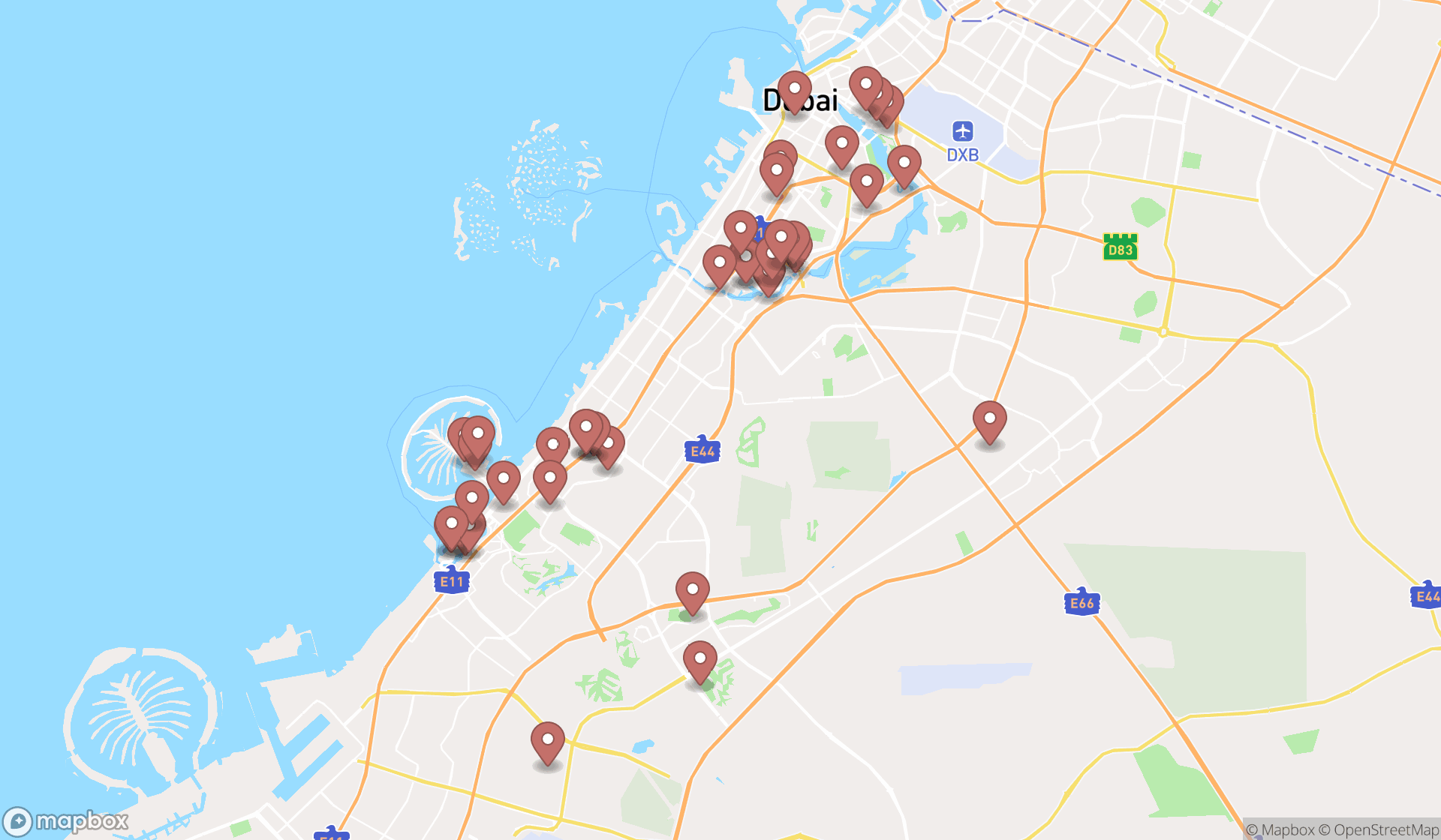 Map showing the search results in Dubai