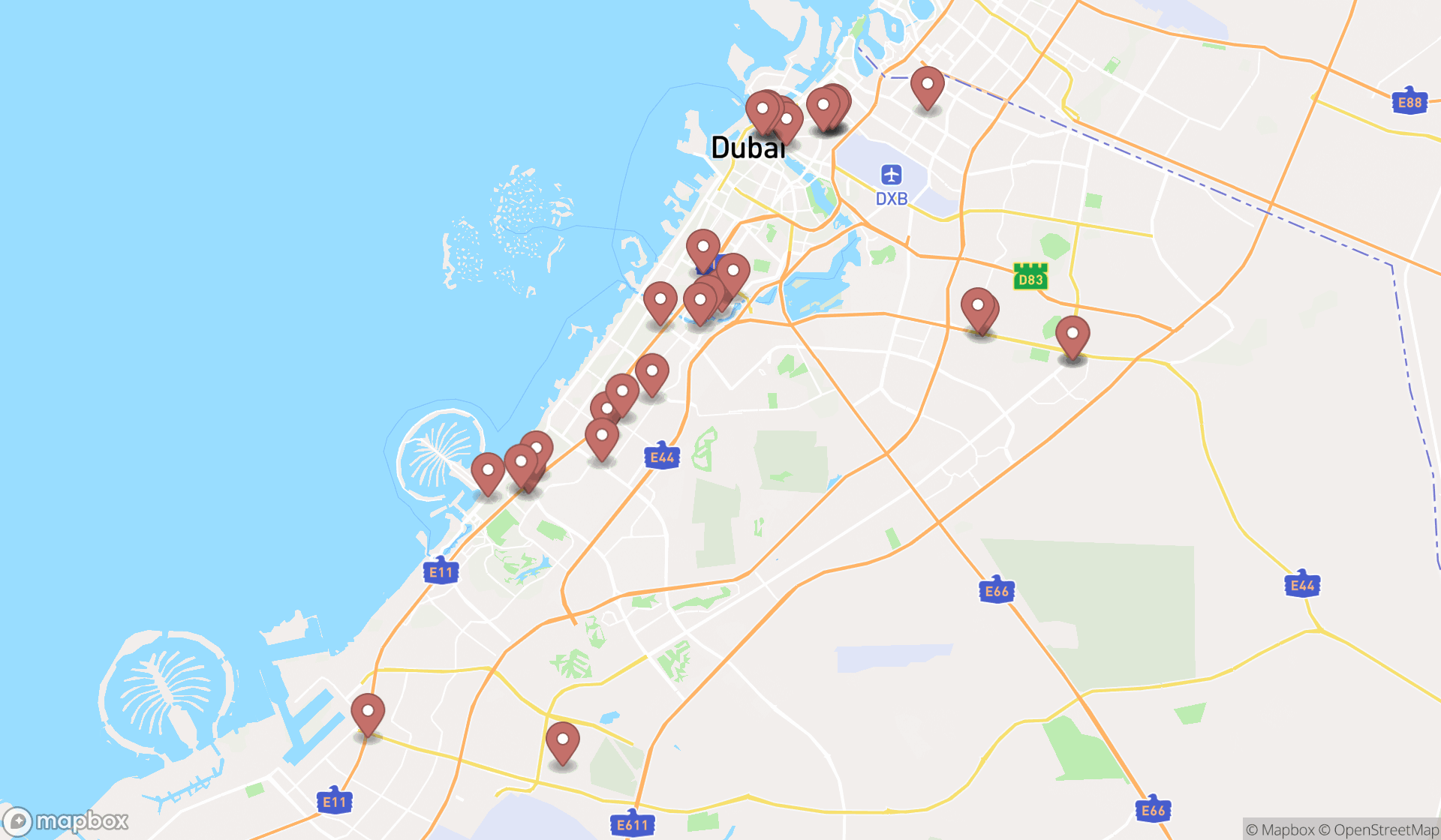Map showing the search results in Dubai
