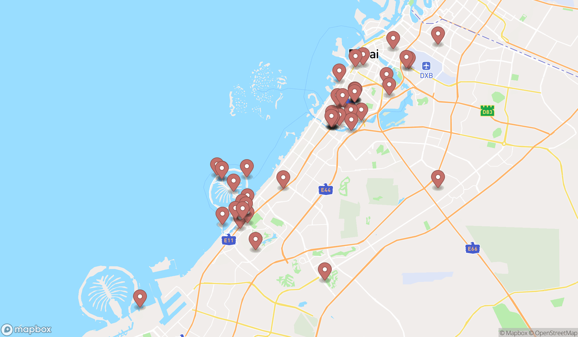 Map showing the search results in Dubai