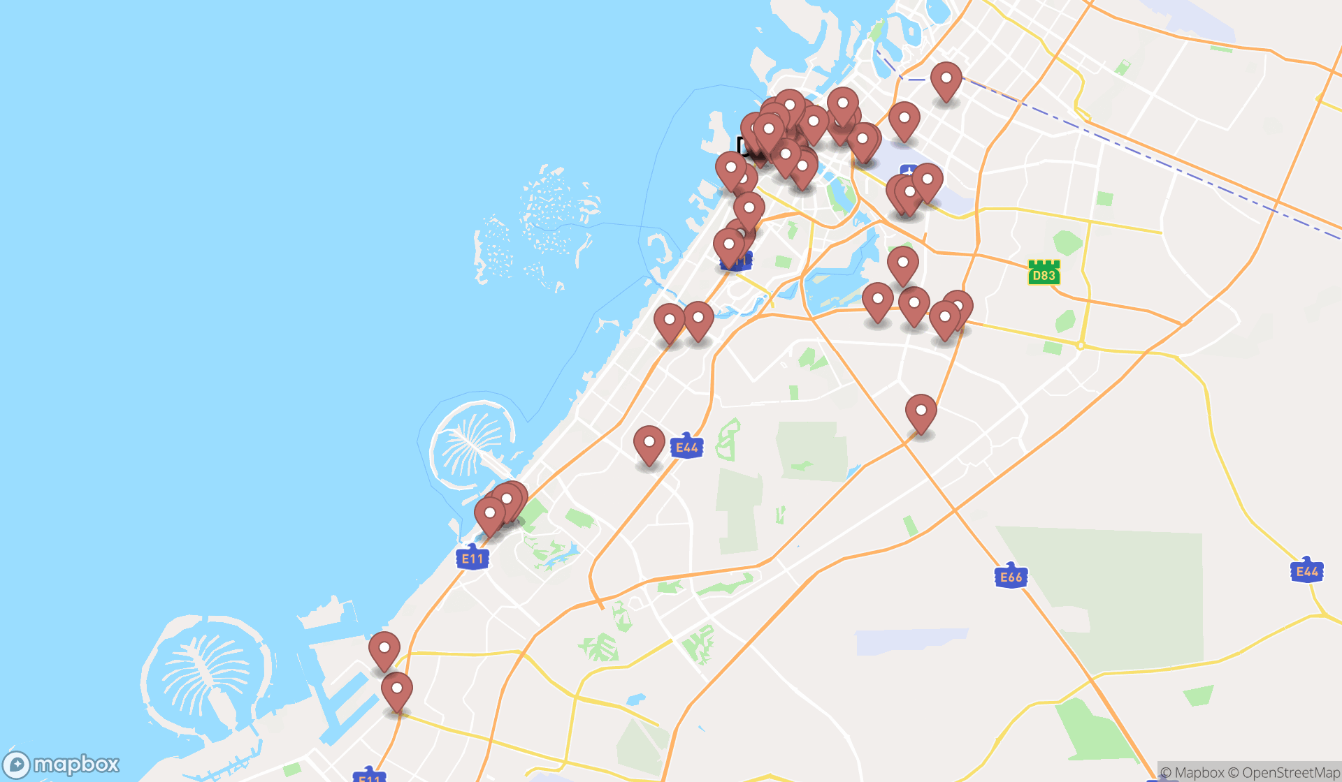 Map showing the search results in Dubai