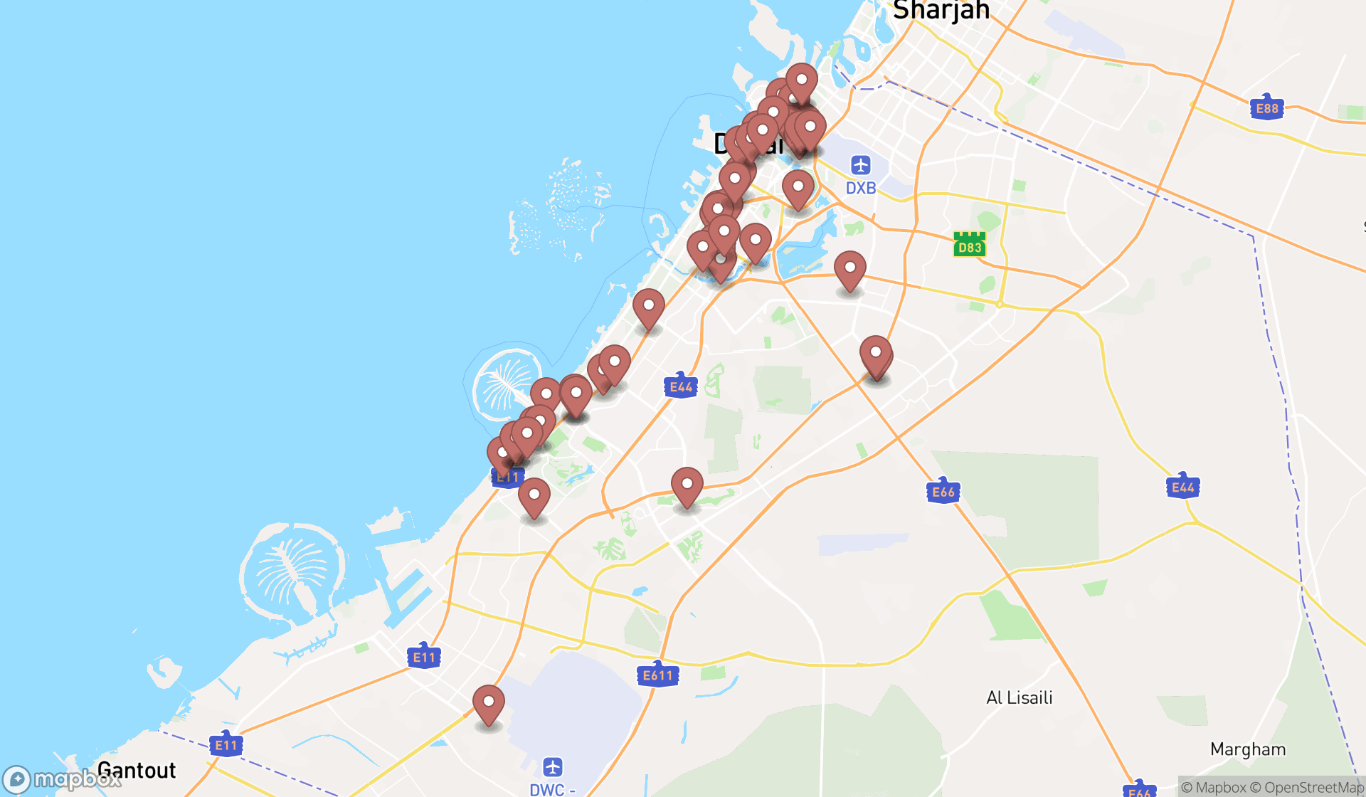 Map showing the search results in Dubai