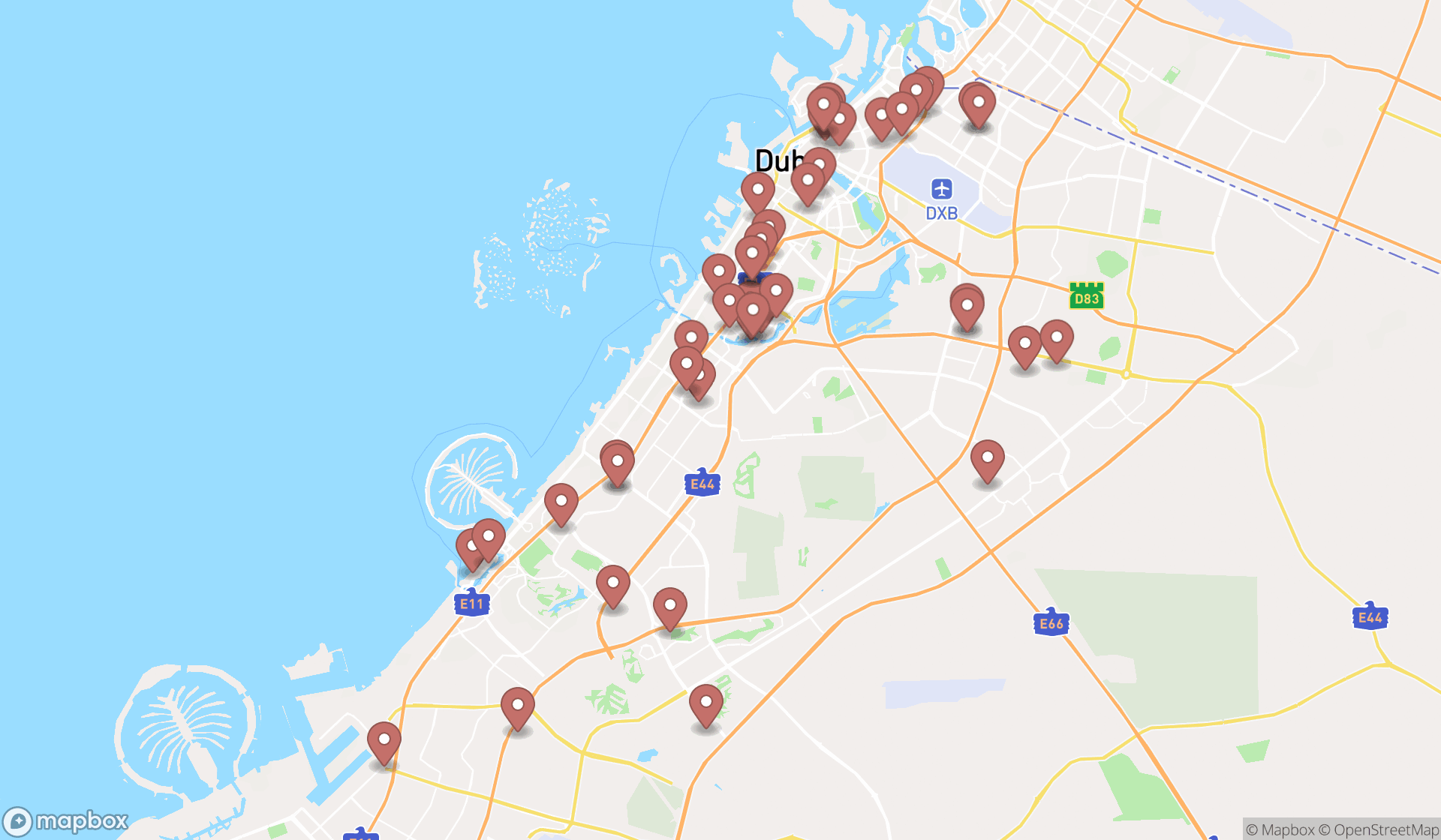Map showing the search results in Dubai