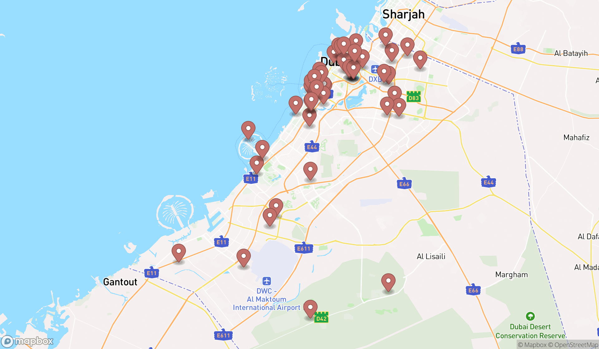 Map showing the search results in Dubai
