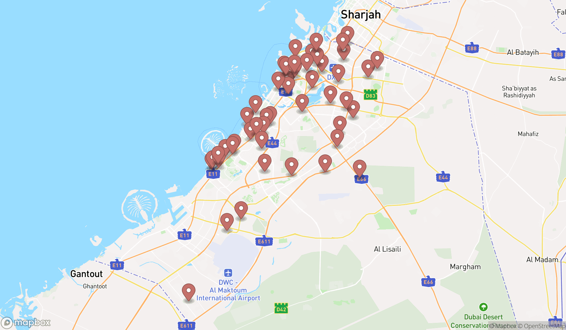 Map showing the search results in Dubai