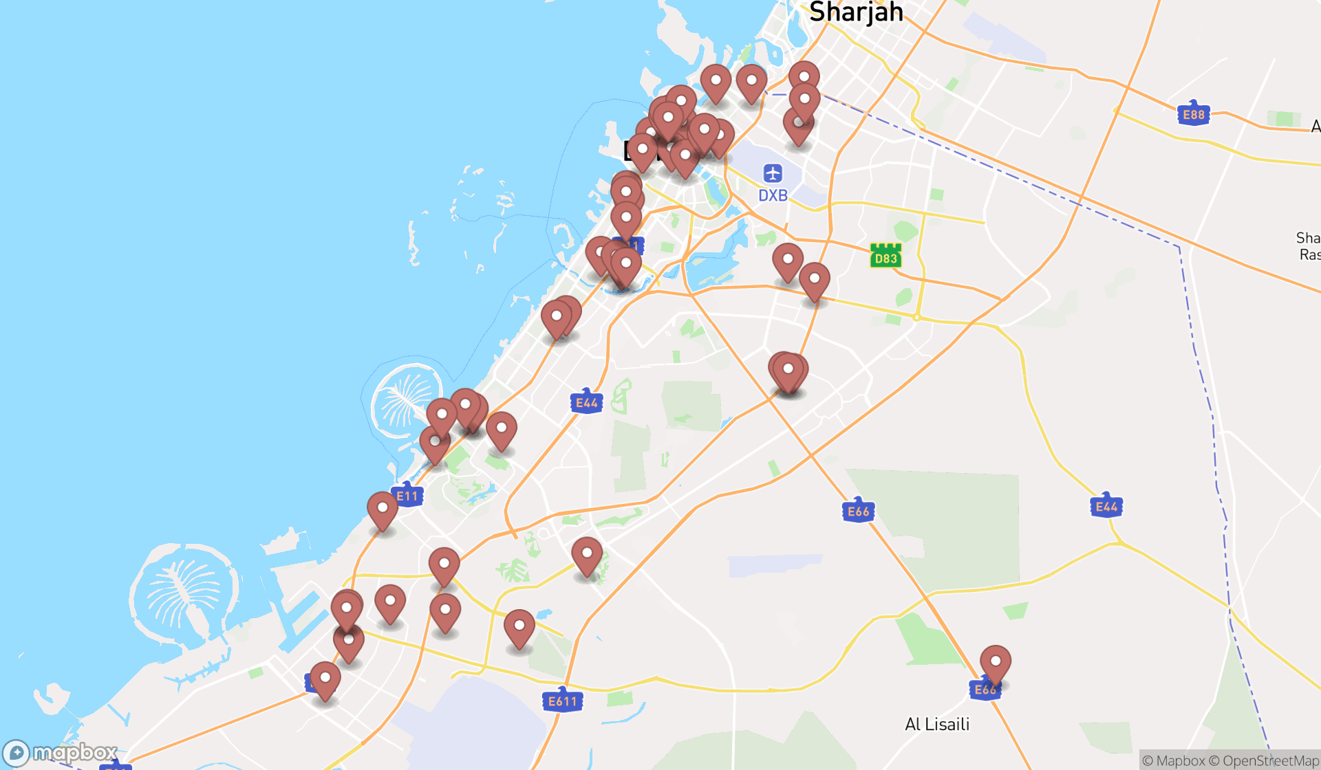 Map showing the search results in Dubai