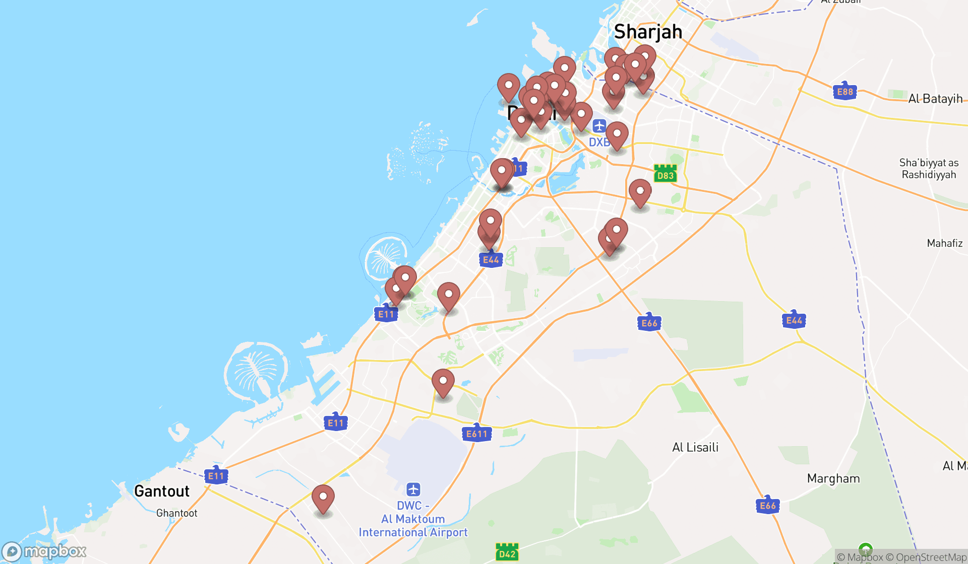 Map showing the search results in Dubai